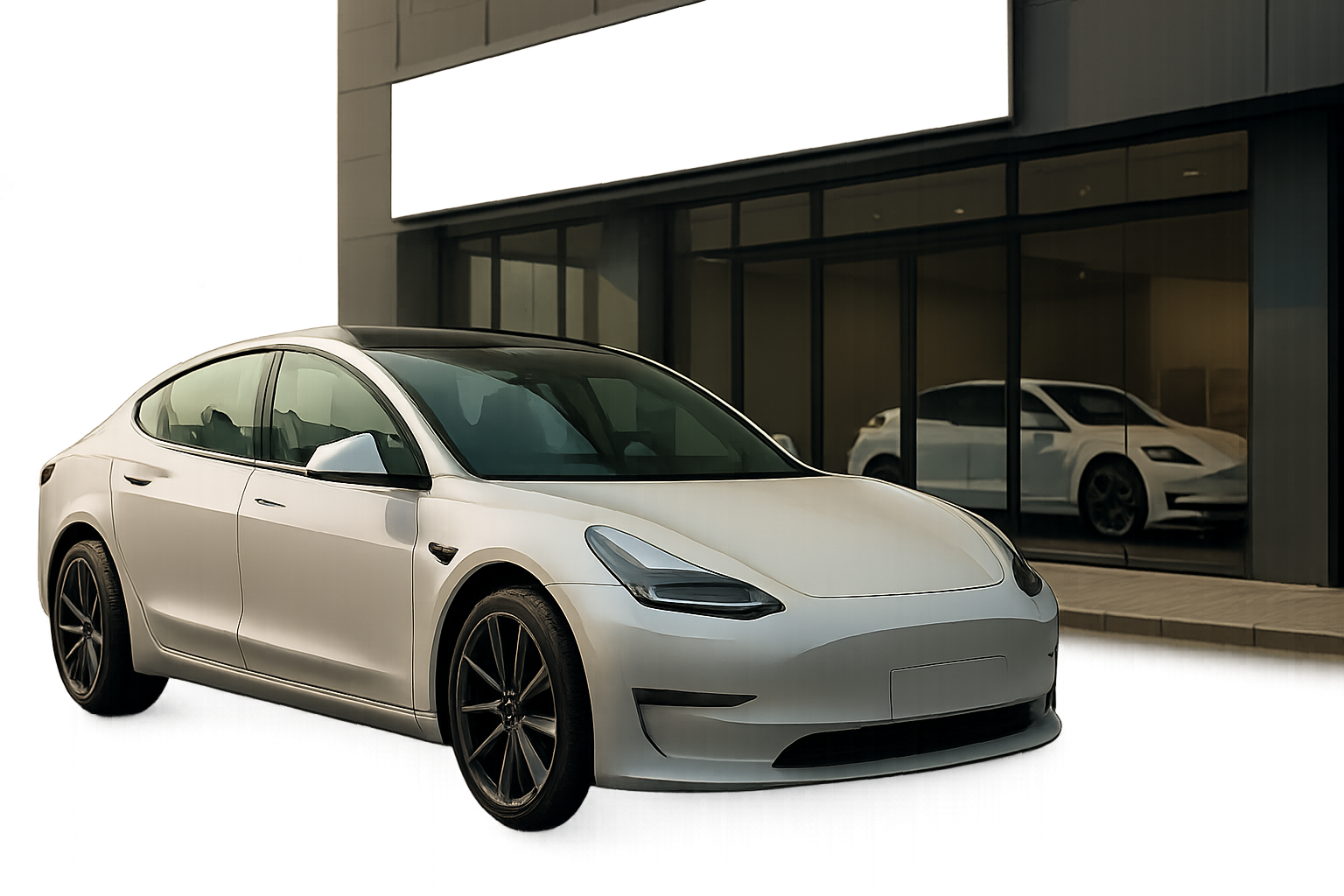 A sleek white car with blank emblems is parked on smooth pavement in front of a modern glass building reflecting another car