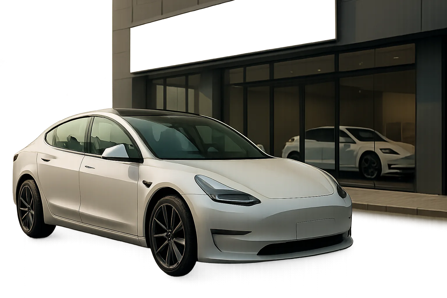 A sleek white car with blank emblems is parked on smooth pavement in front of a modern glass building reflecting another car
