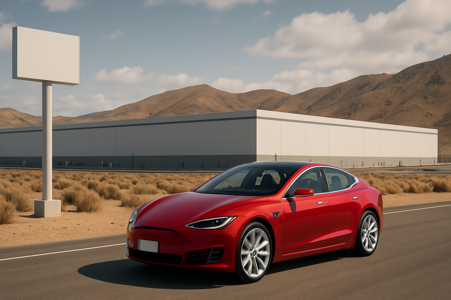 A sleek red car on a desert road with a modern white factory building and dry mountains in the background