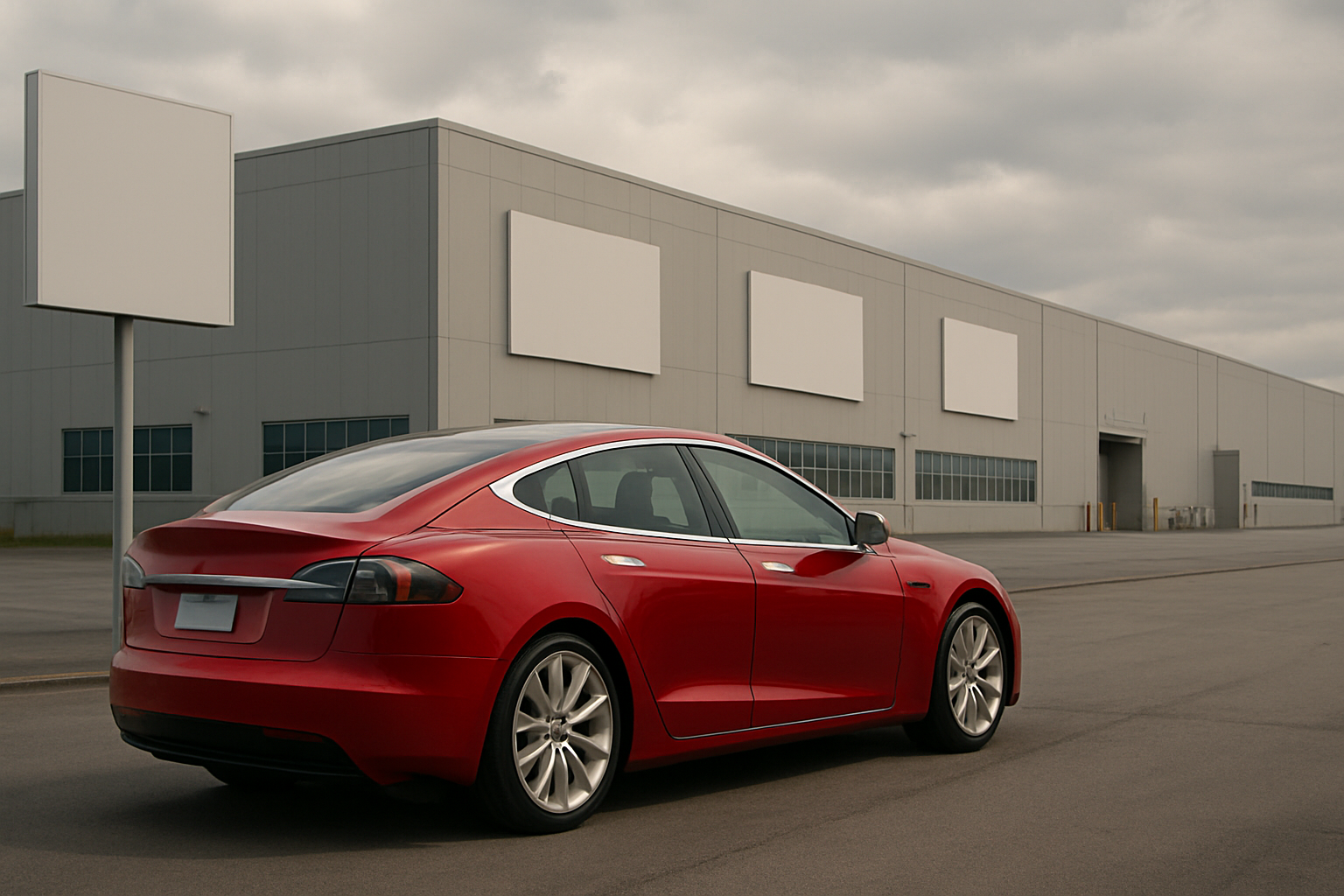 A shiny red car parked on empty asphalt beside a large grey industrial building under cloudy skies