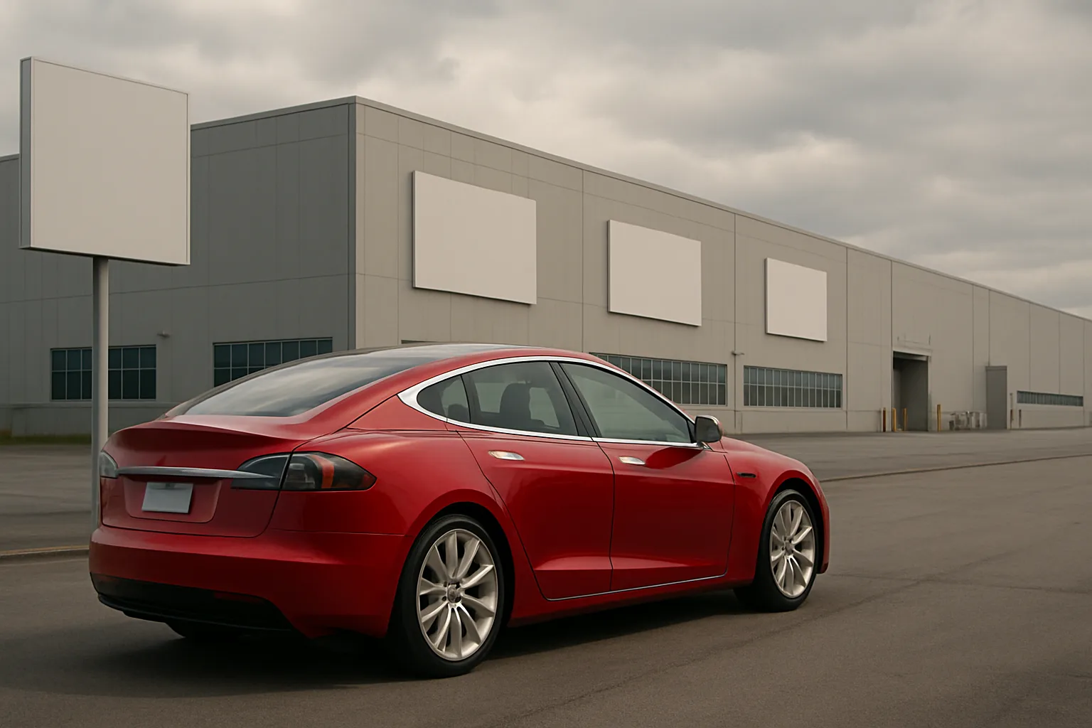 A shiny red car parked on empty asphalt beside a large grey industrial building under cloudy skies