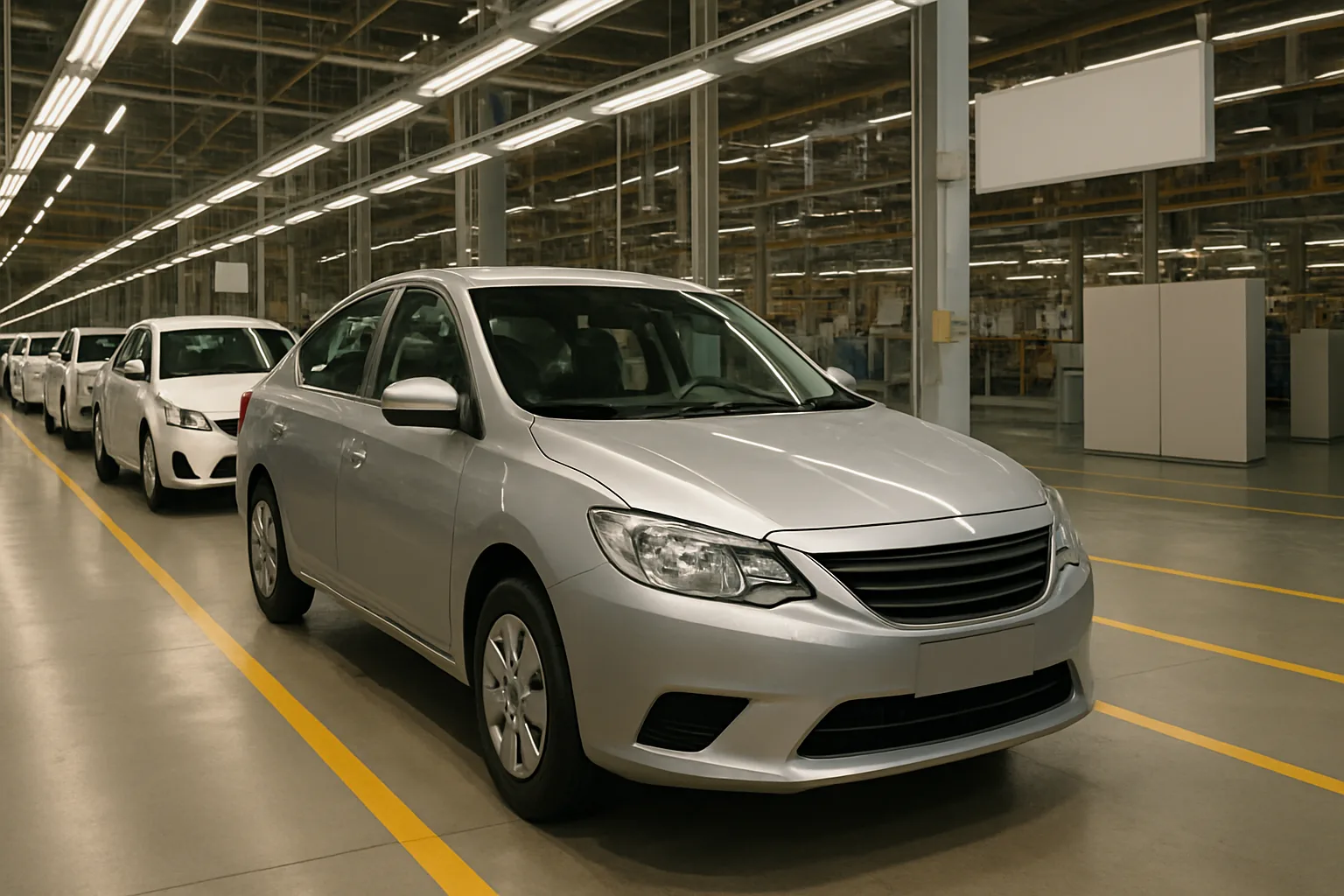 A row of silver and white sedans parked on a polished factory floor under bright fluorescent lighting