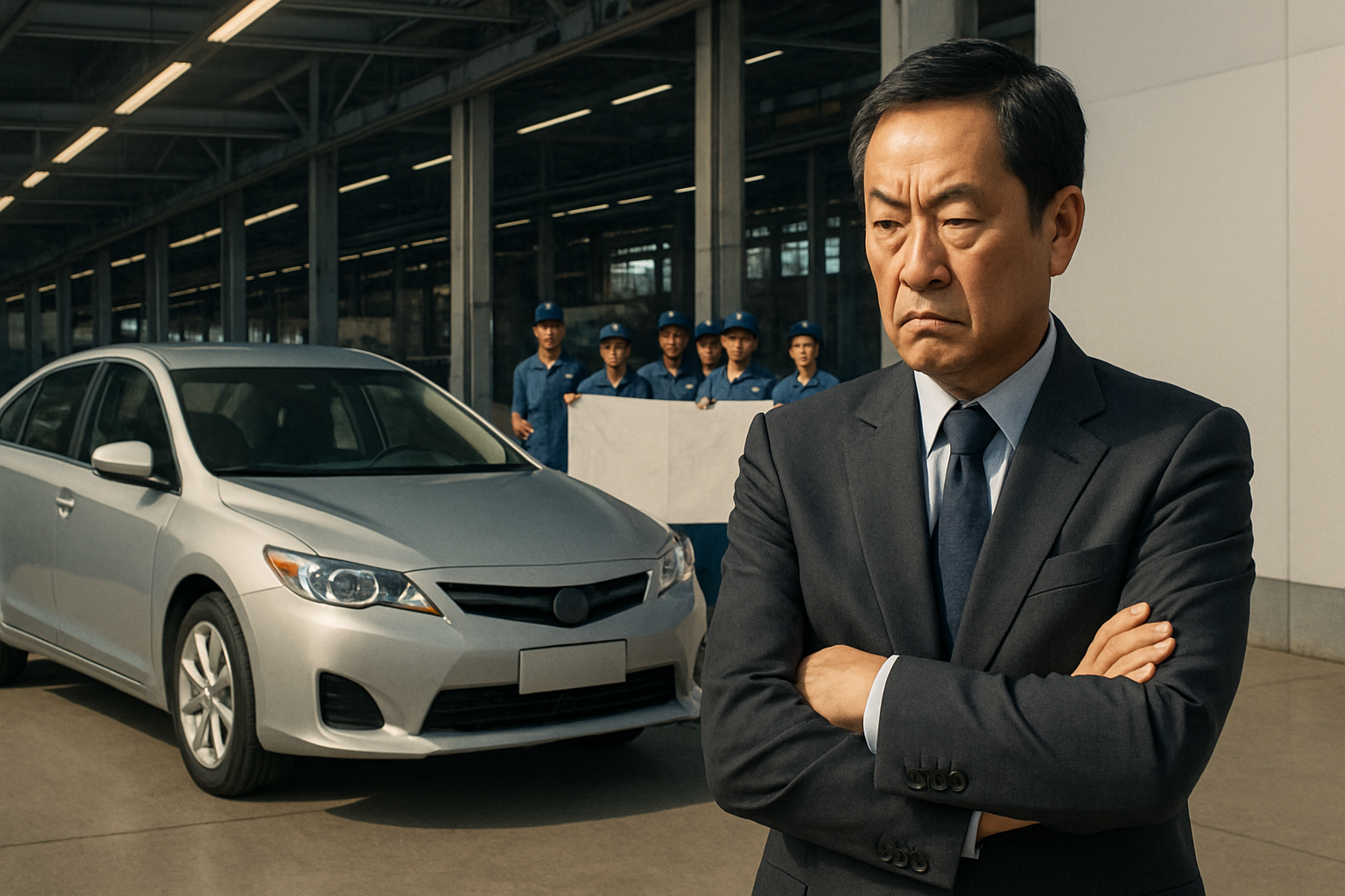 A stern man in a dark suit stands with arms crossed in front of a silver car and a group of uniformed workers holding a blank banner