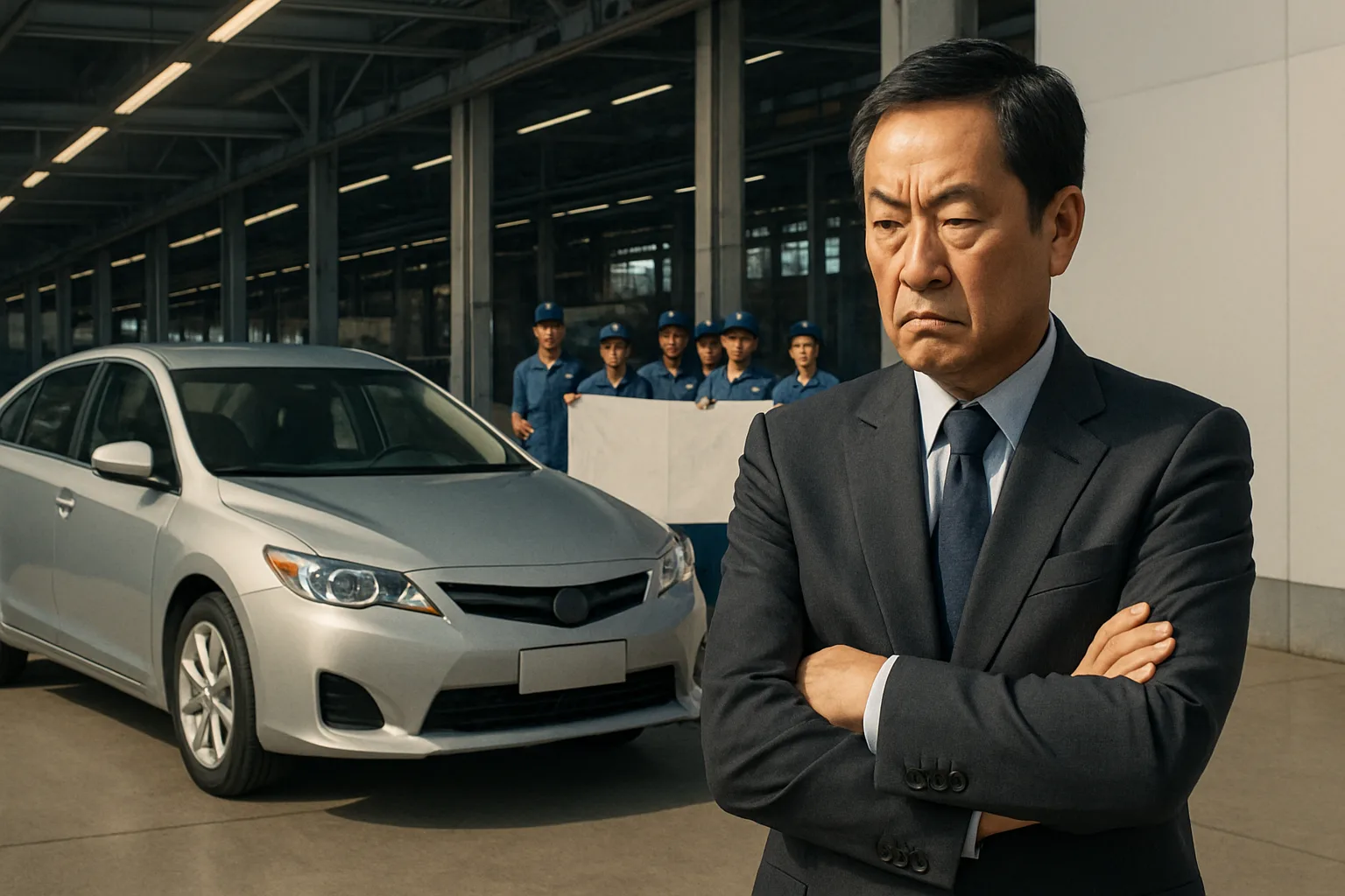 A stern man in a dark suit stands with arms crossed in front of a silver car and a group of uniformed workers holding a blank banner
