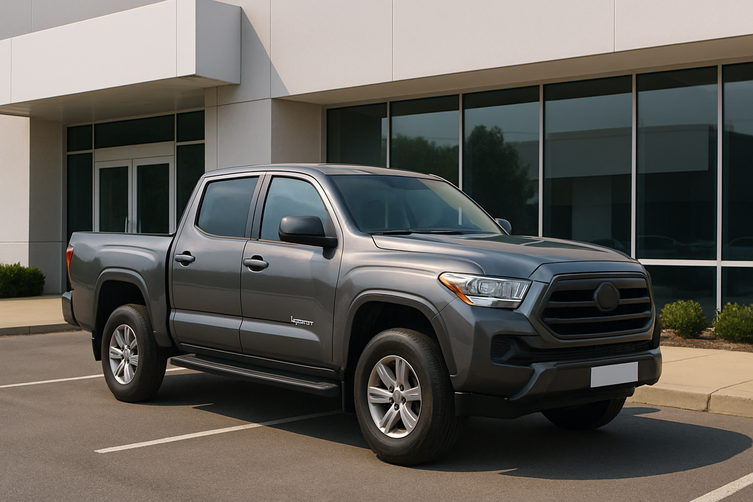 A matte gray pickup truck with four doors parked on smooth asphalt in front of a modern white building with large windows