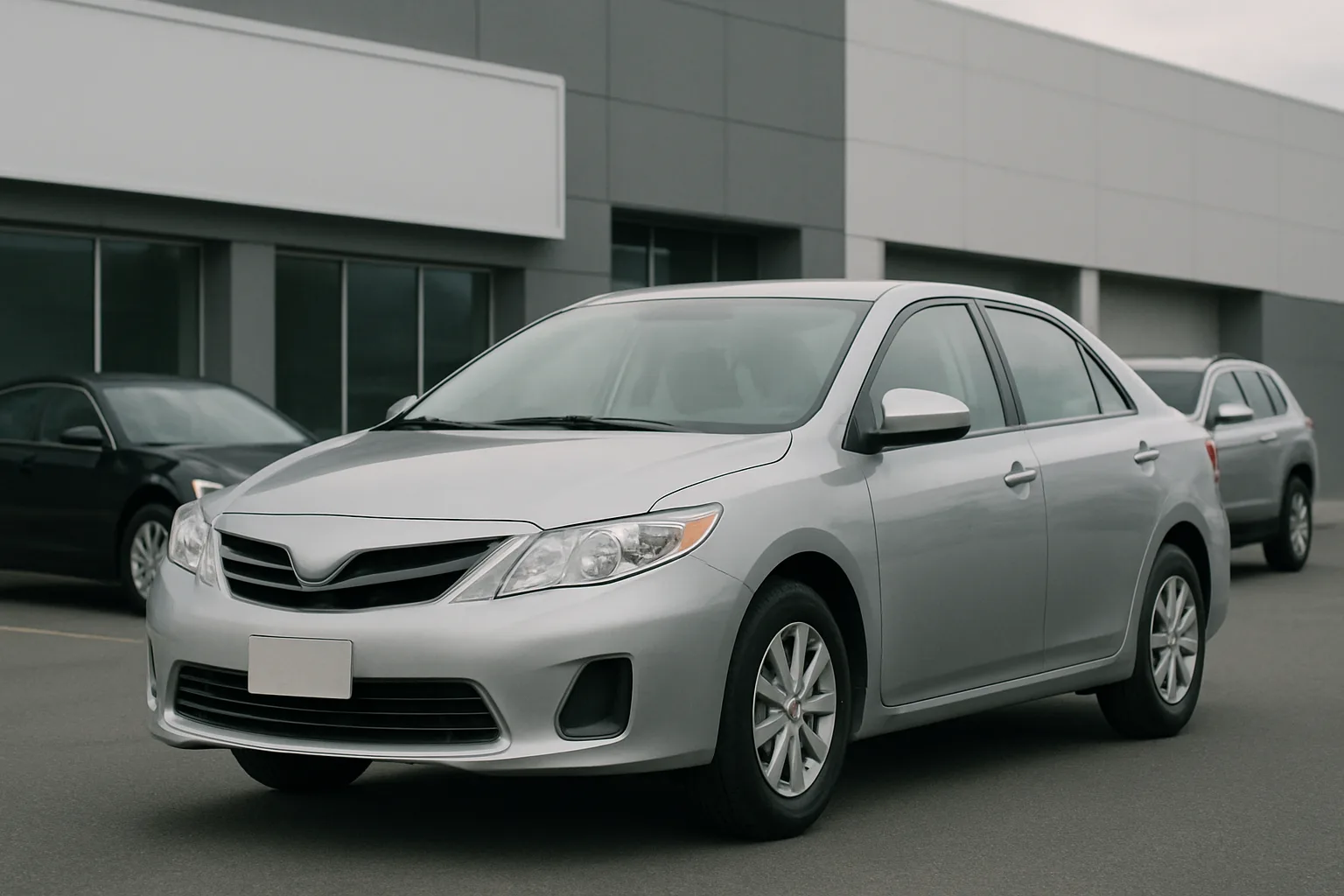 A stylized silver sedan with blank badges parked on grey asphalt near modern windowed buildings under overcast sky