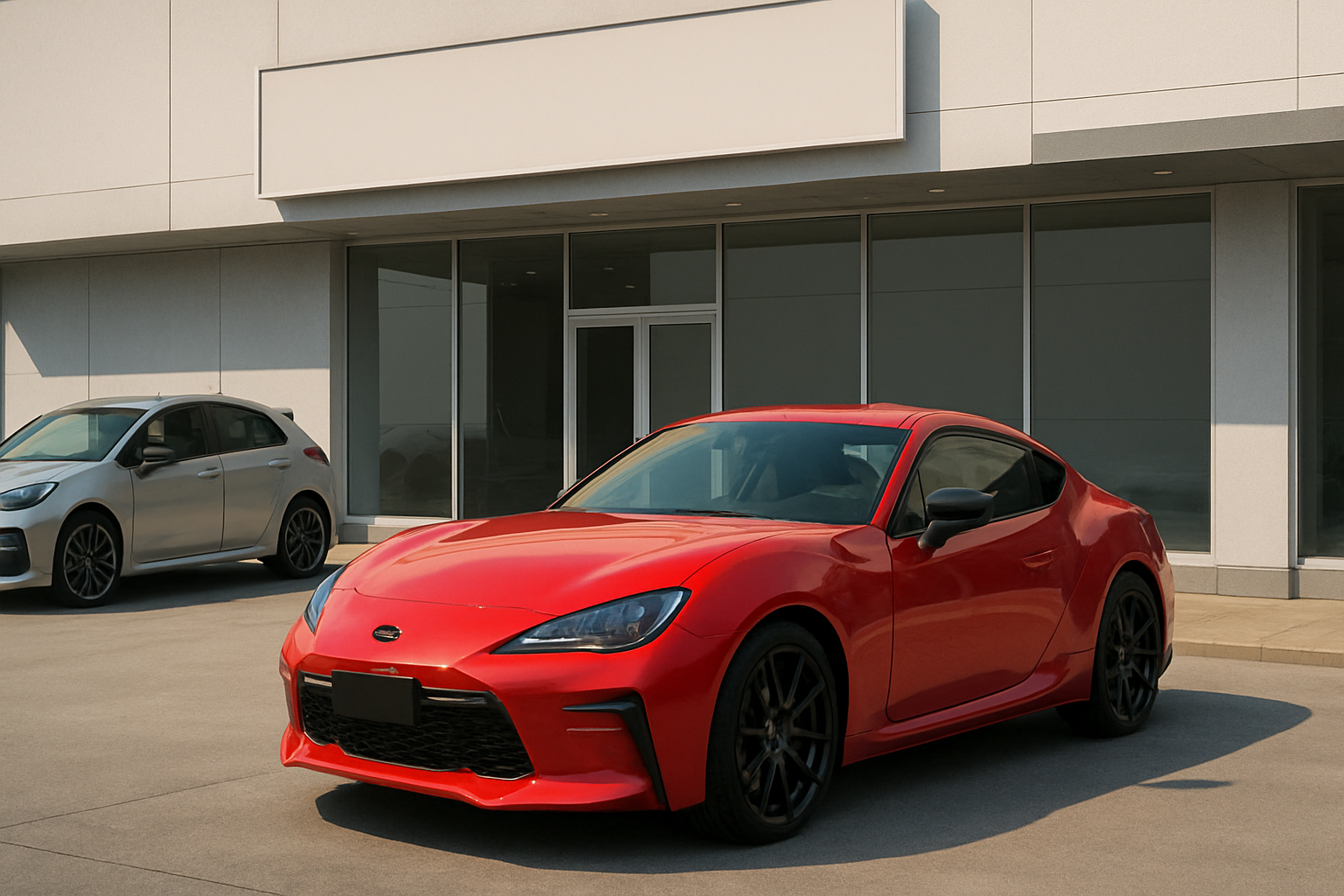 A glossy red sports coupe with black wheels parked outside a modern building, a silver hatchback nearby in shadow