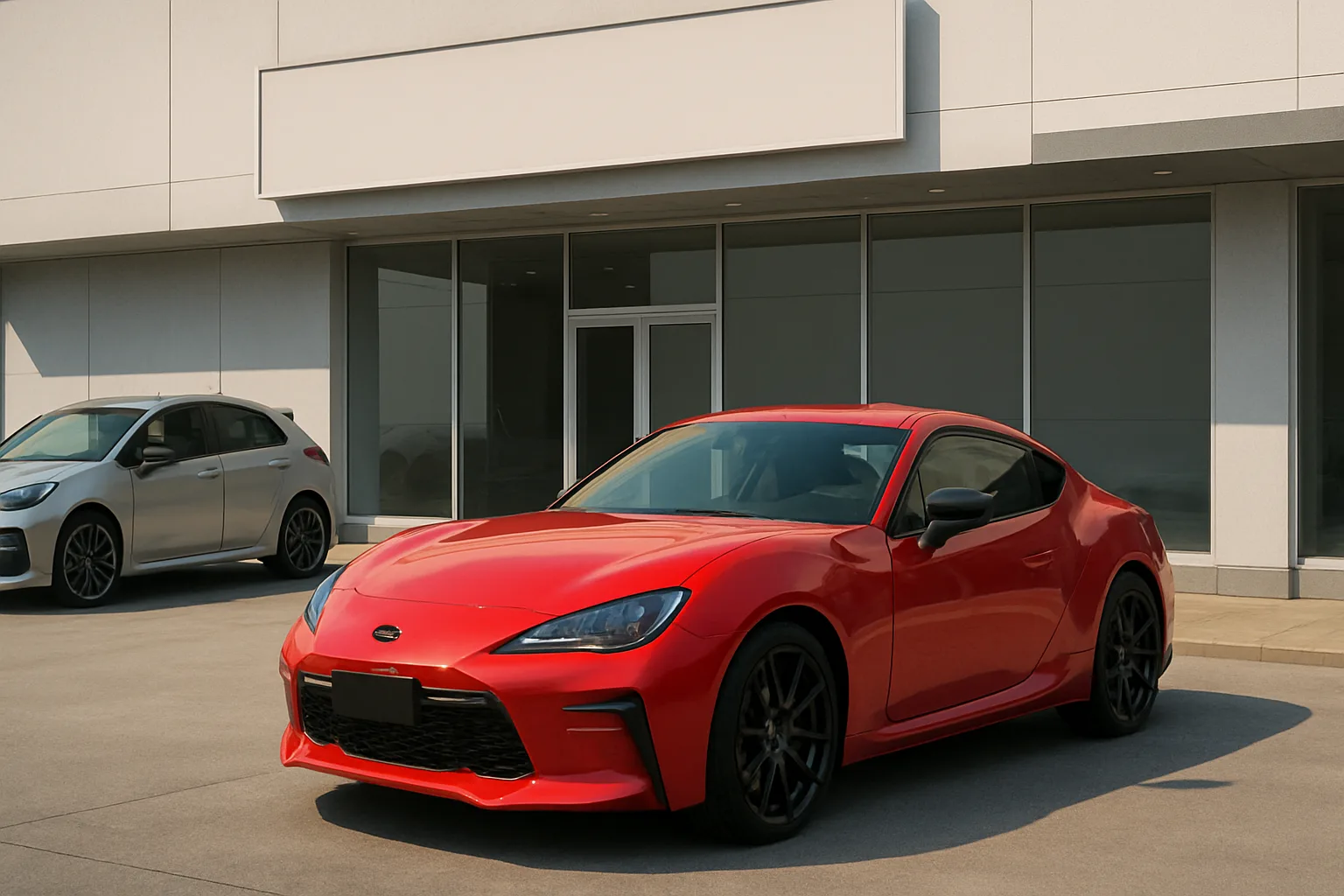 A glossy red sports coupe with black wheels parked outside a modern building, a silver hatchback nearby in shadow