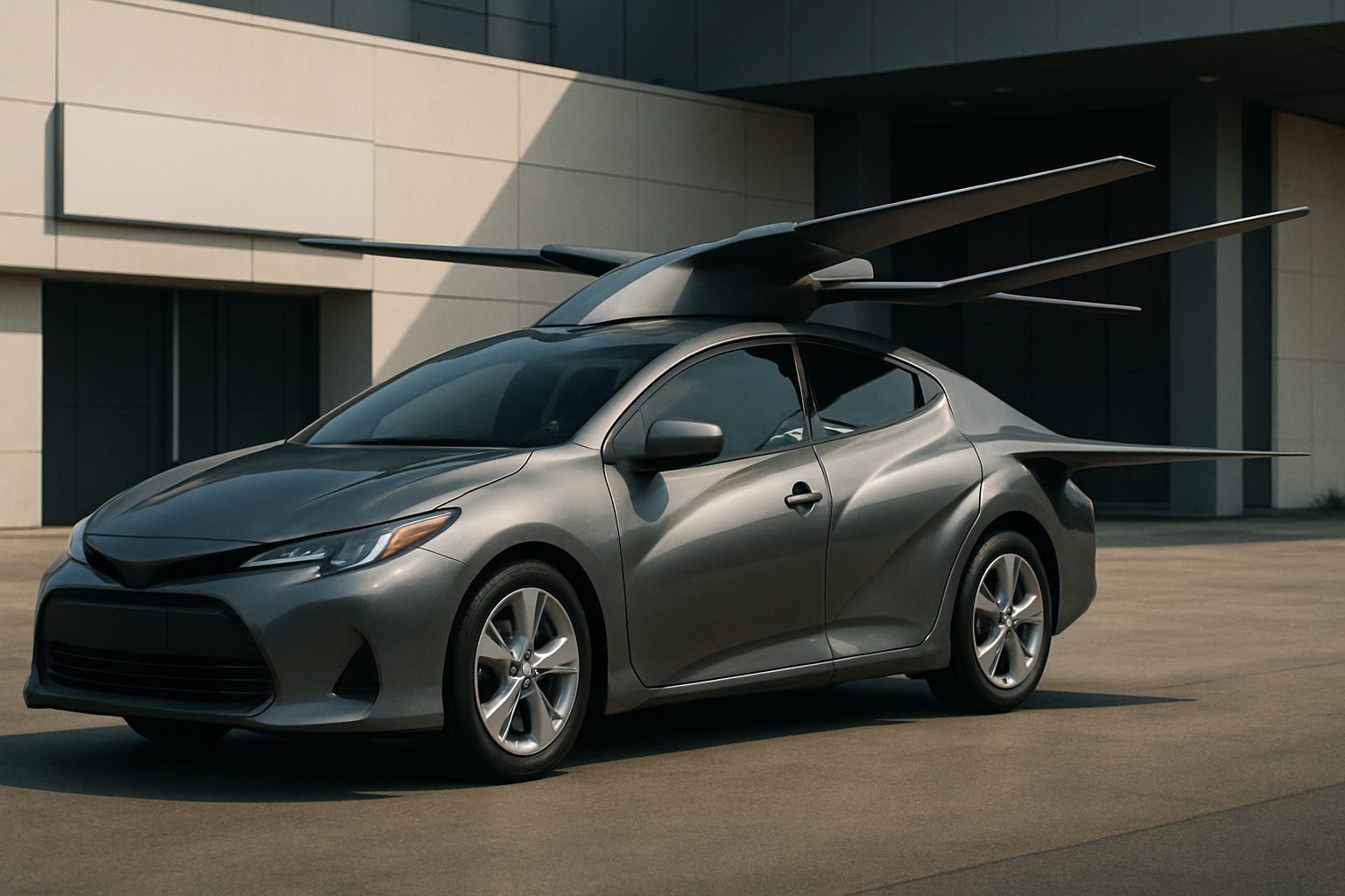 Metallic silver car with sleek curves features extended, wing-like panels projecting from the roof and sides
