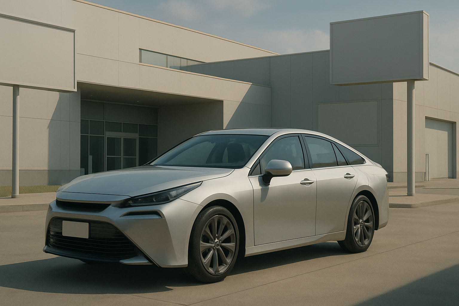 Sleek silver sedan parked on a sunlit concrete driveway in front of a modern, minimal white building with large windows