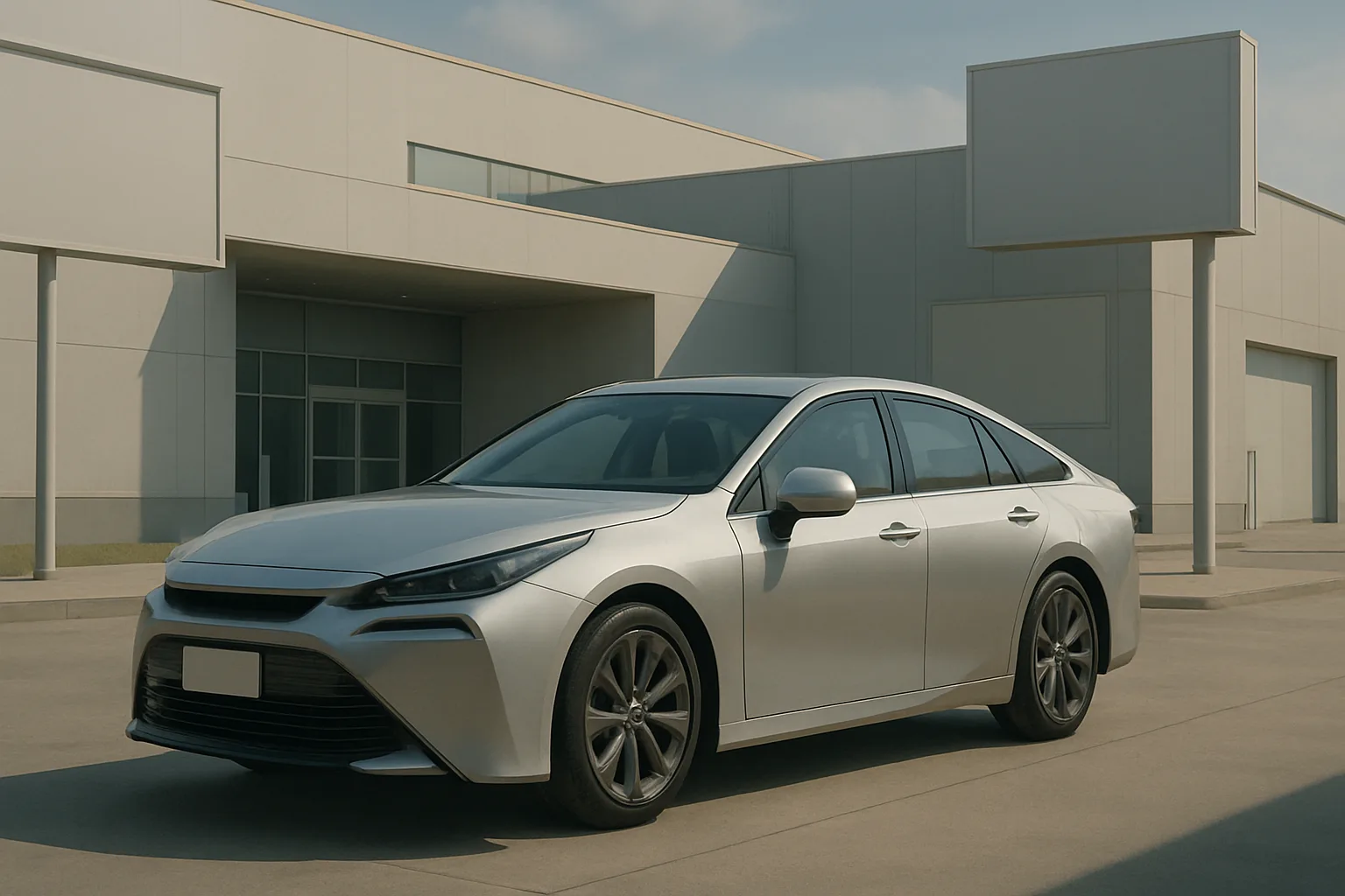Sleek silver sedan parked on a sunlit concrete driveway in front of a modern, minimal white building with large windows