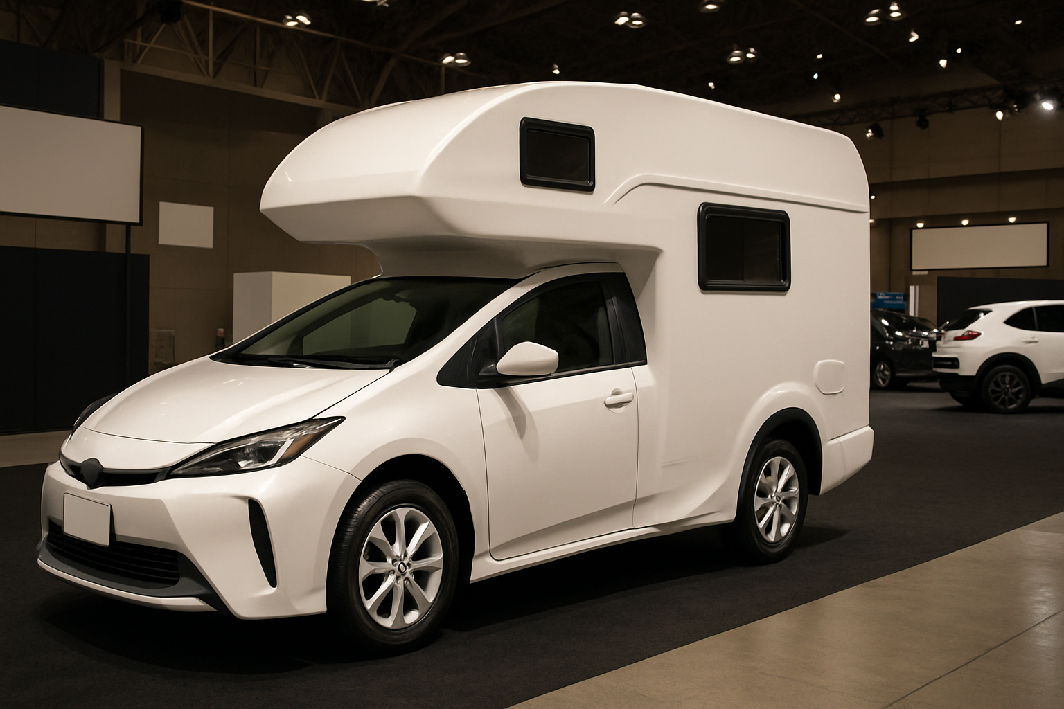 A white compact car with a large, boxy camper extension in matching white, displayed indoors under bright overhead lighting
