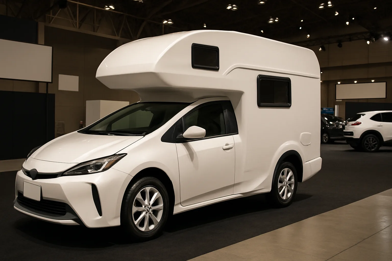 A white compact car with a large, boxy camper extension in matching white, displayed indoors under bright overhead lighting