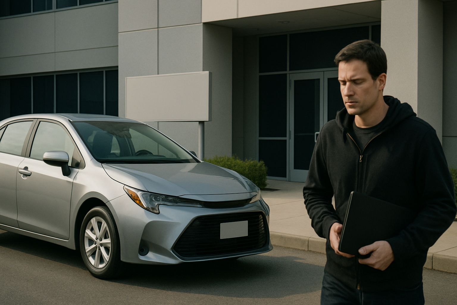 Man in a black hoodie holding a closed laptop walks past a parked silver sedan in front of a modern office building