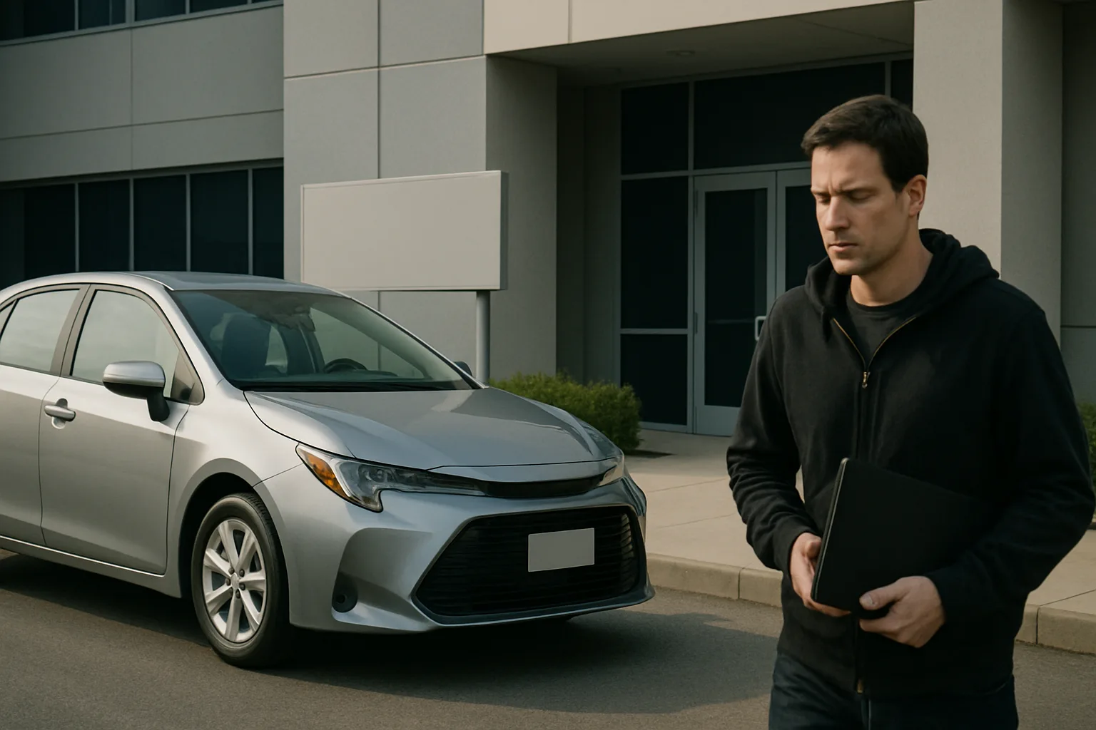 Man in a black hoodie holding a closed laptop walks past a parked silver sedan in front of a modern office building