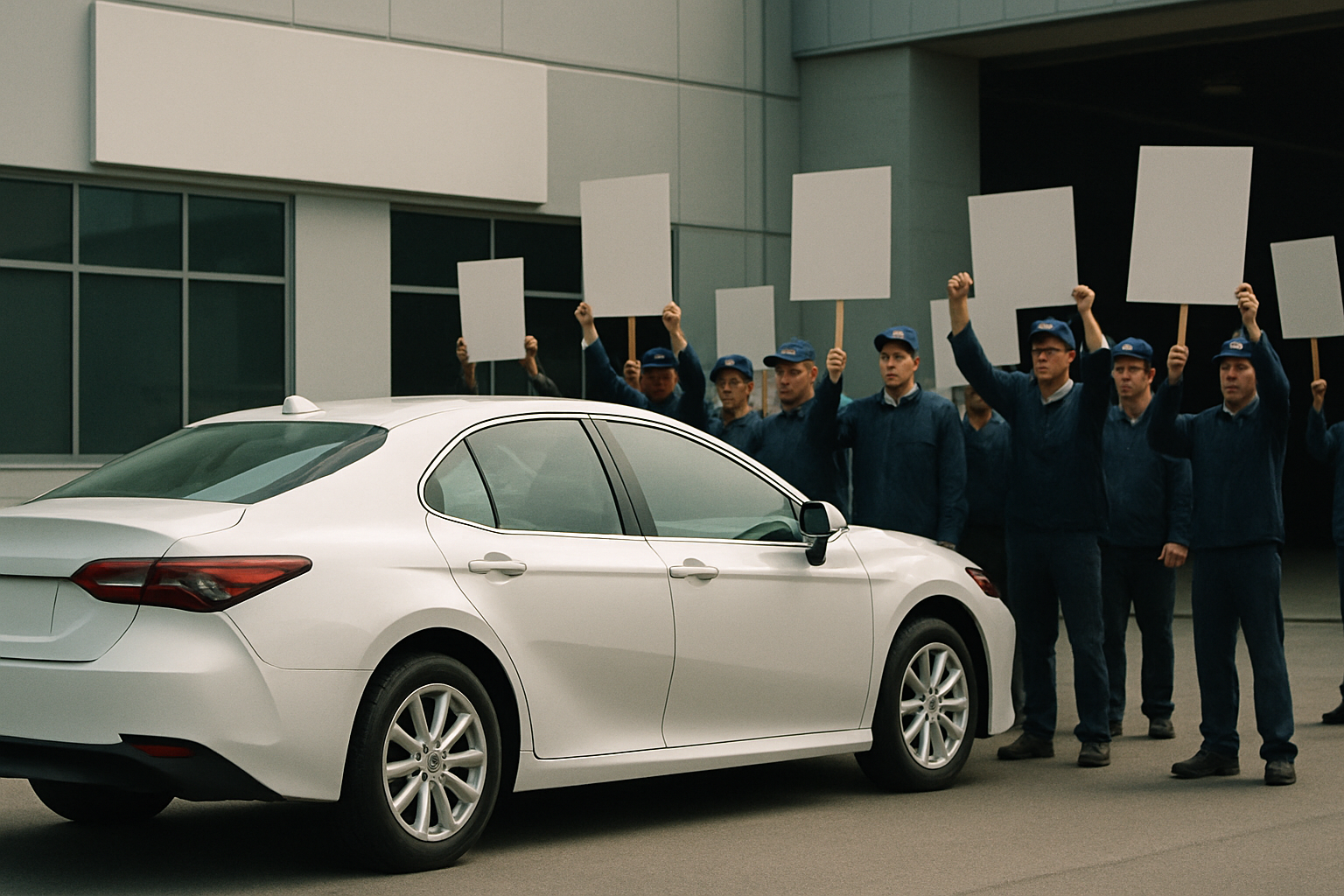 A group of people in blue uniforms and hats hold up blank placards behind a white sedan parked outside a modern building