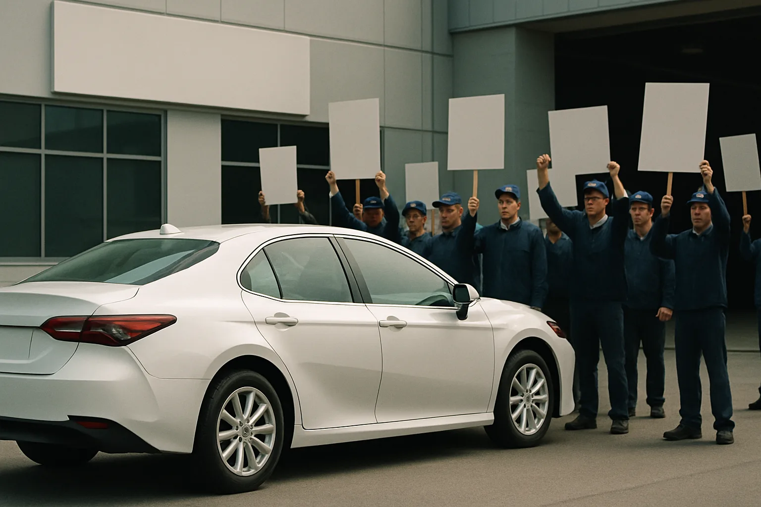 A group of people in blue uniforms and hats hold up blank placards behind a white sedan parked outside a modern building