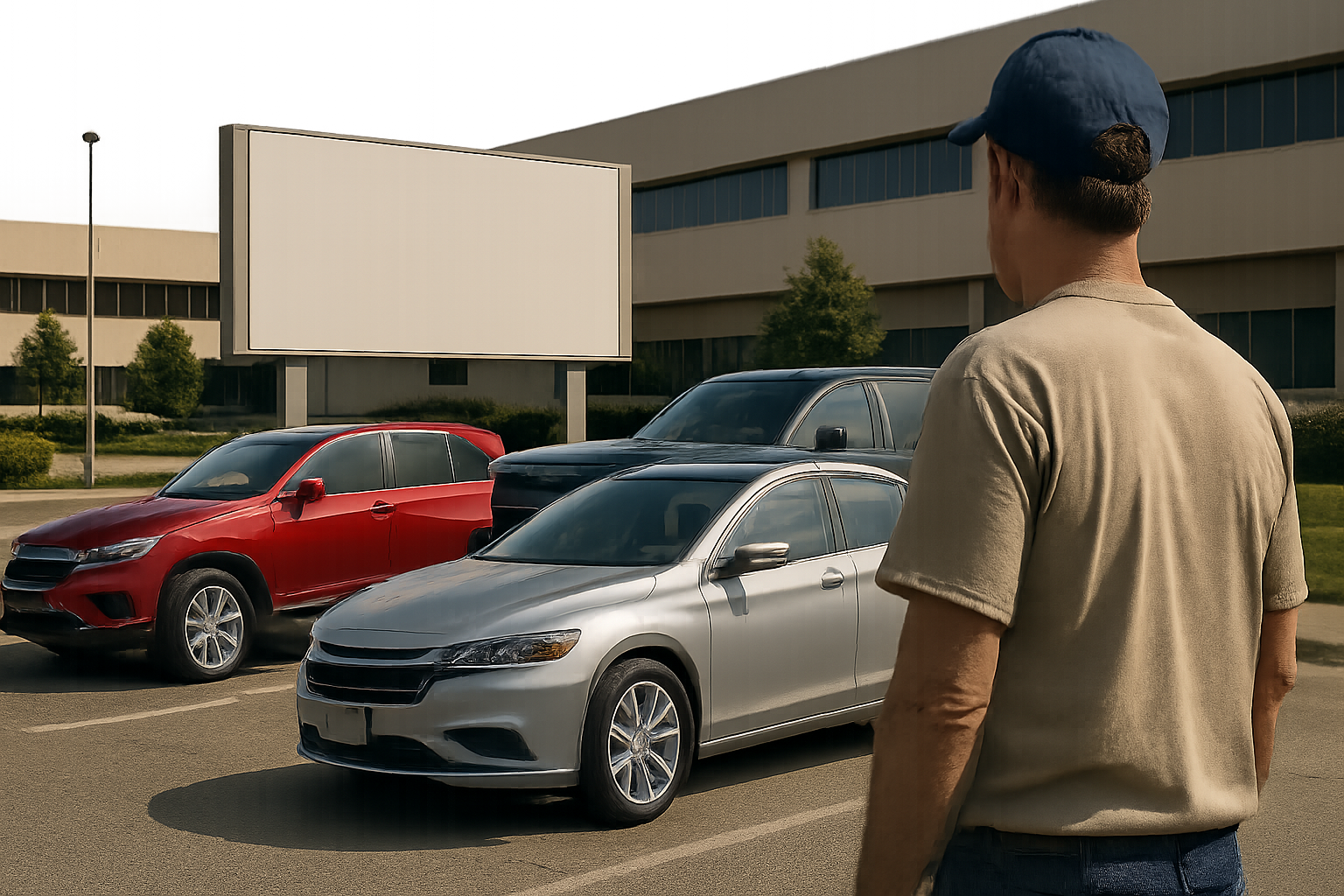 A man in a blue cap stands in a parking lot facing three parked cars and a blank white billboard on a sunny day