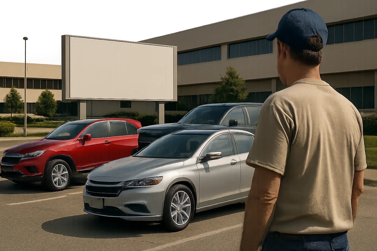 A man in a blue cap stands in a parking lot facing three parked cars and a blank white billboard on a sunny day