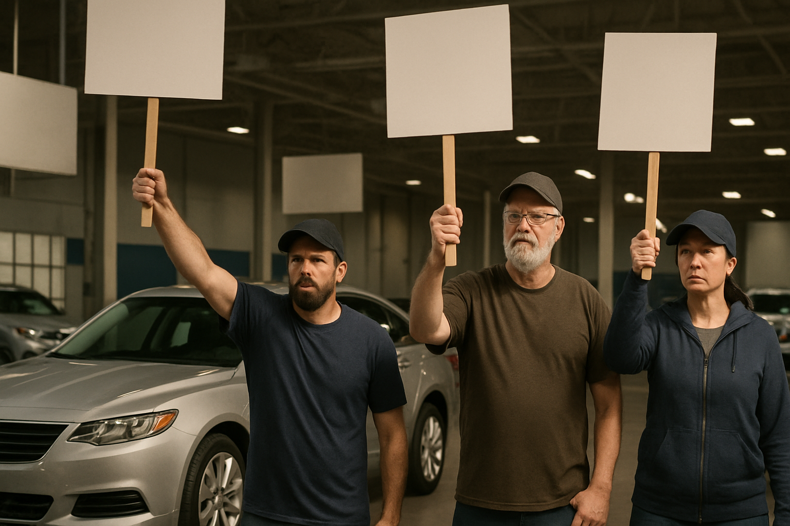 Three people in casual clothes and caps hold blank protest signs inside a car factory with silver vehicles and overhead lights
