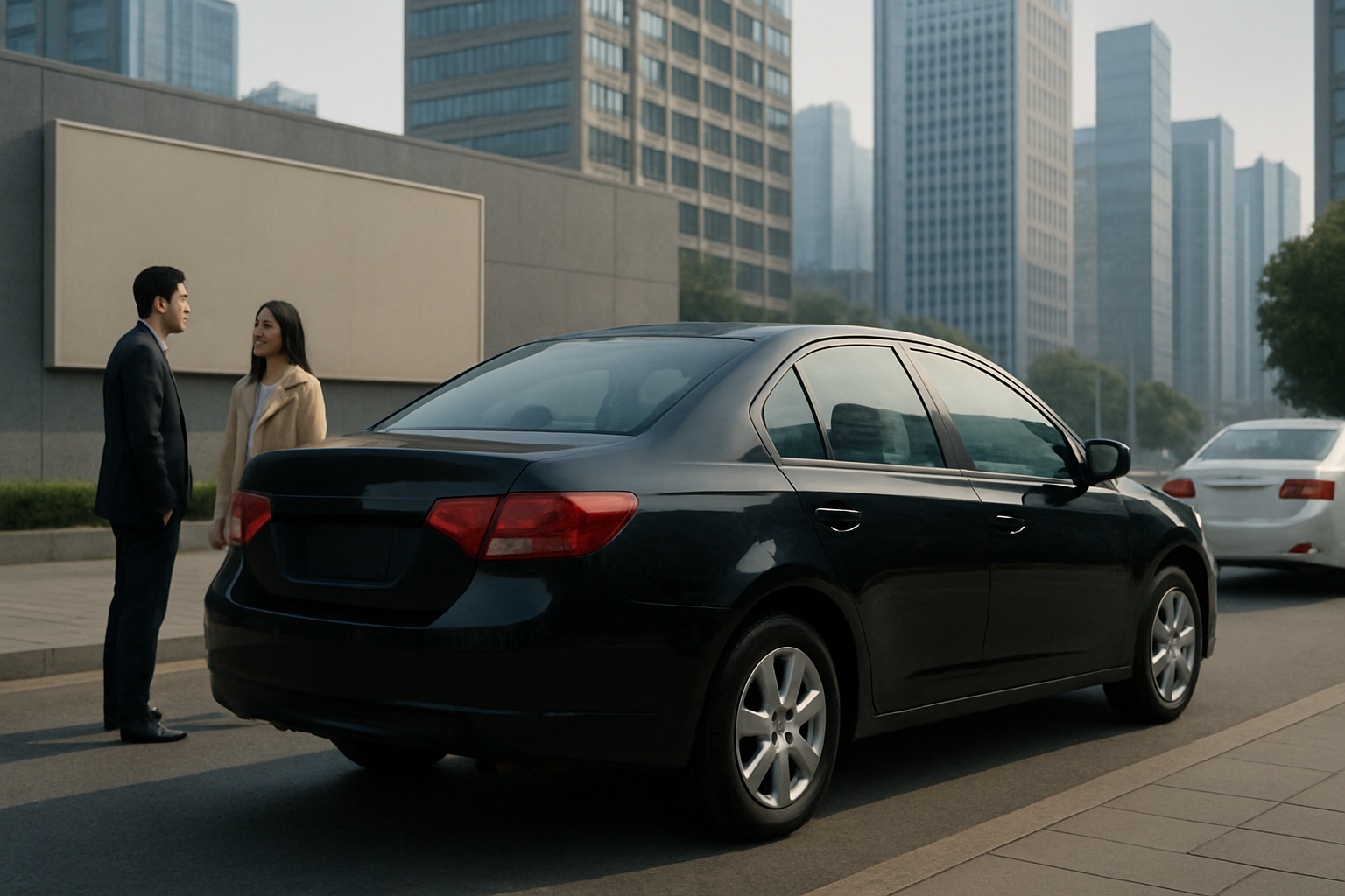 A black sedan parked on a city street with two people talking nearby, surrounded by modern glass buildings in soft daylight