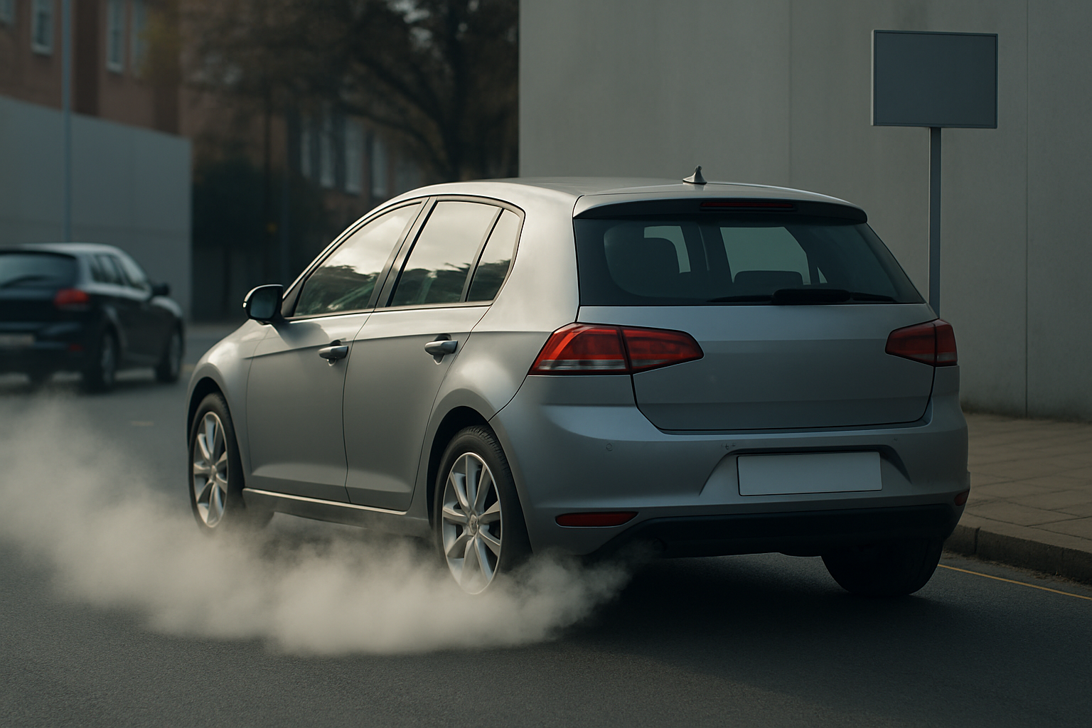 A grey hatchback-style car on a city street emits a visible cloud of white exhaust from its tailpipe