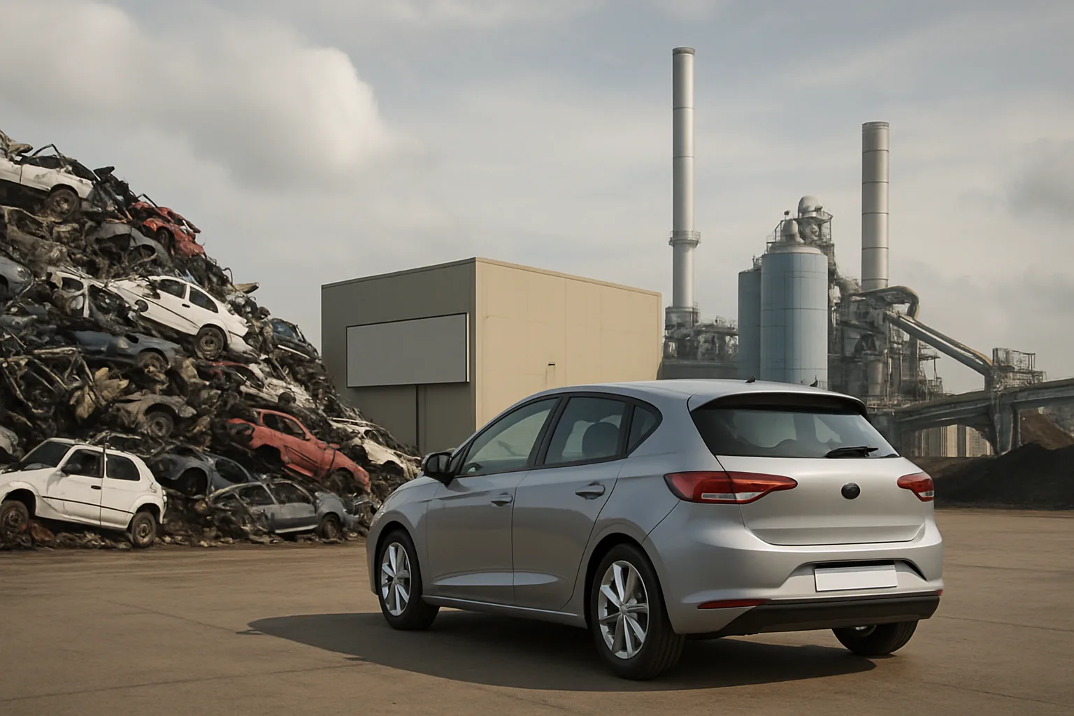 A silver hatchback parked on concrete near a pile of crushed cars, with industrial smokestacks and cloudy sky in the background