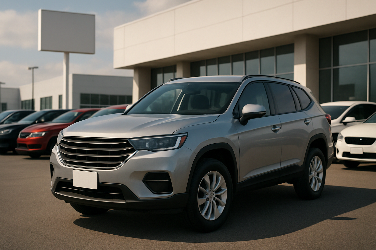 Silver SUV parked in front of a modern dealership building with other cars and a blank sign under a blue sky with clouds