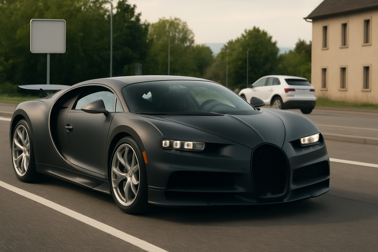 Matte black sports car with sleek curves and LED headlights driving on a suburban road past houses and greenery