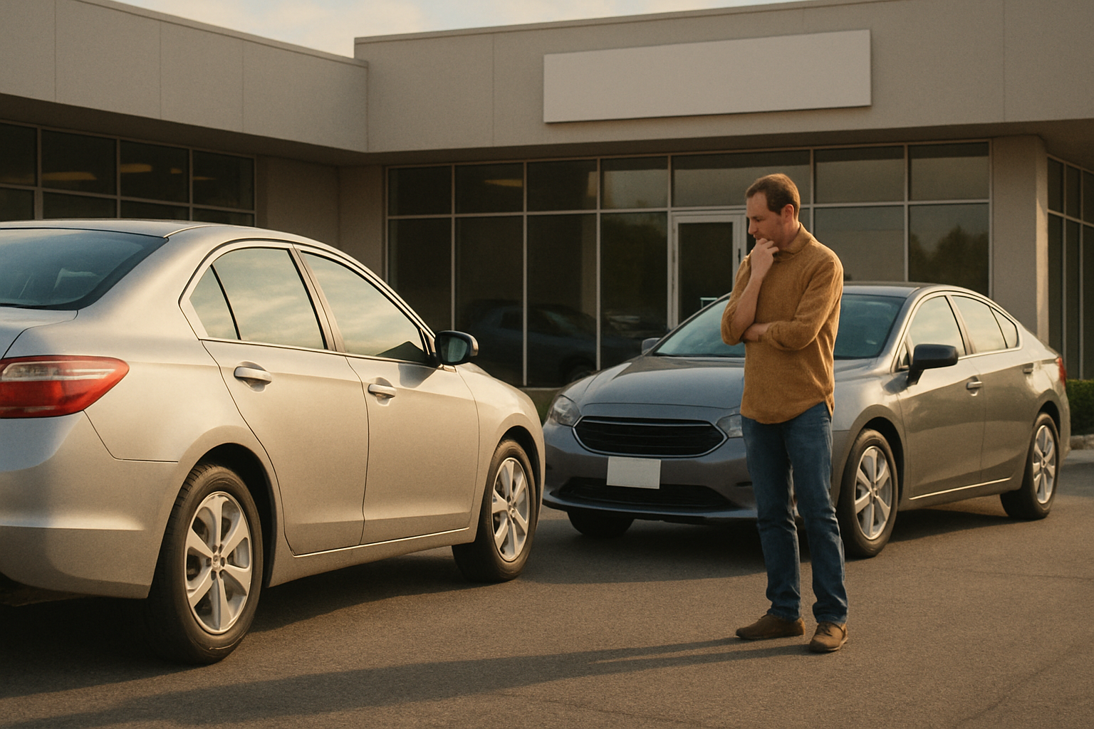A man in a tan sweater stands thoughtfully between two grey sedans parked outside a modern dealership building