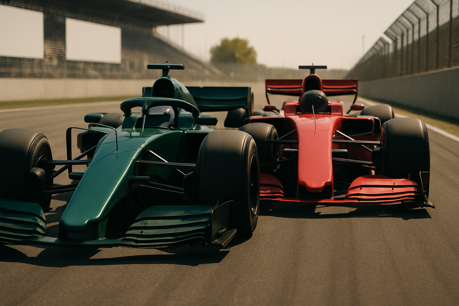 Two brightly coloured single-seater race cars in green and red side by side on a sunlit racetrack