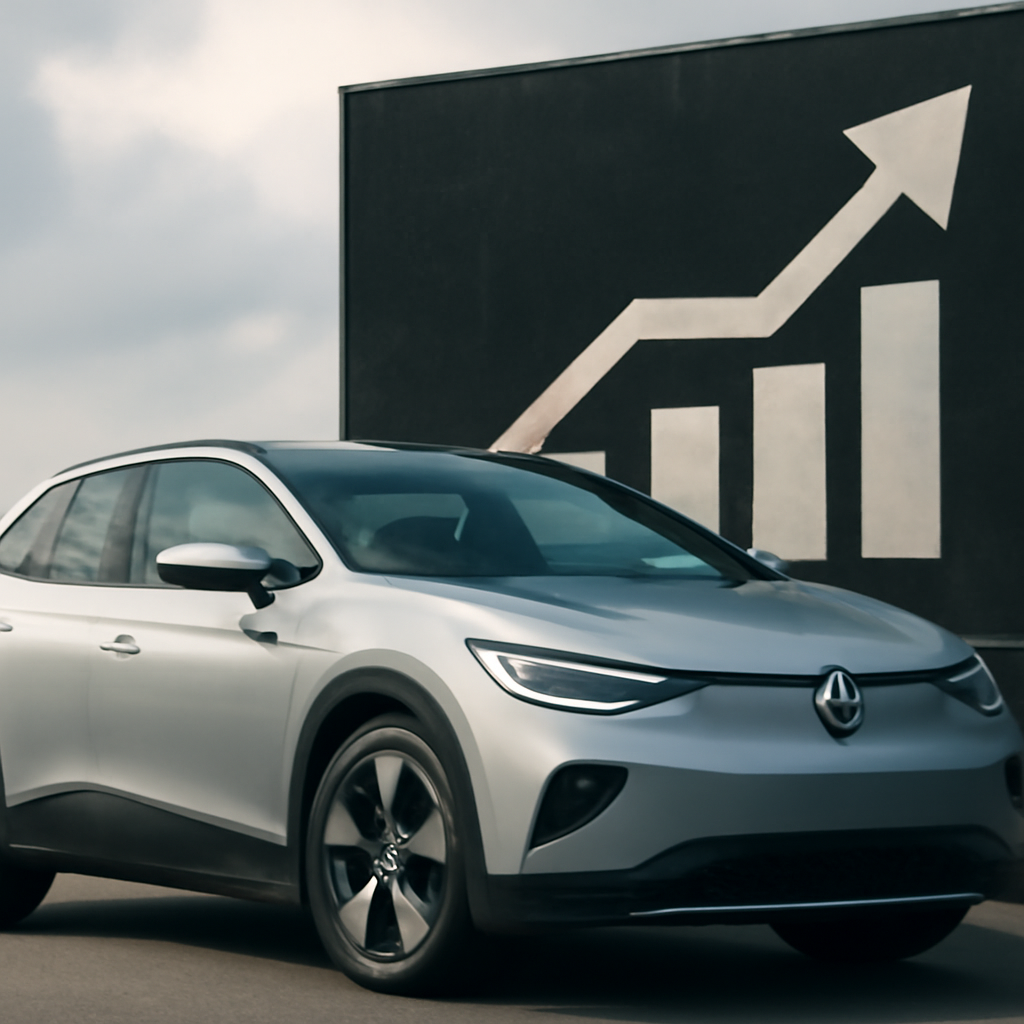 A sleek silver car on a road beside a billboard with a rising arrow and bar graph, under a cloudy sky.