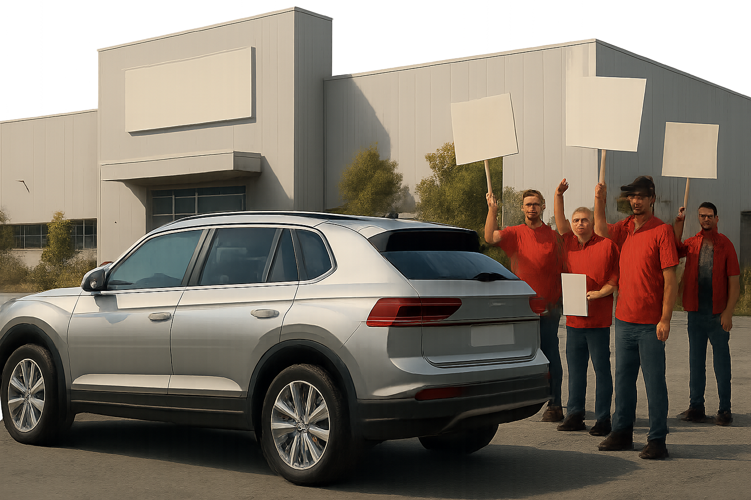 Five people in red shirts hold blank placards beside a silver SUV parked in front of a large industrial building