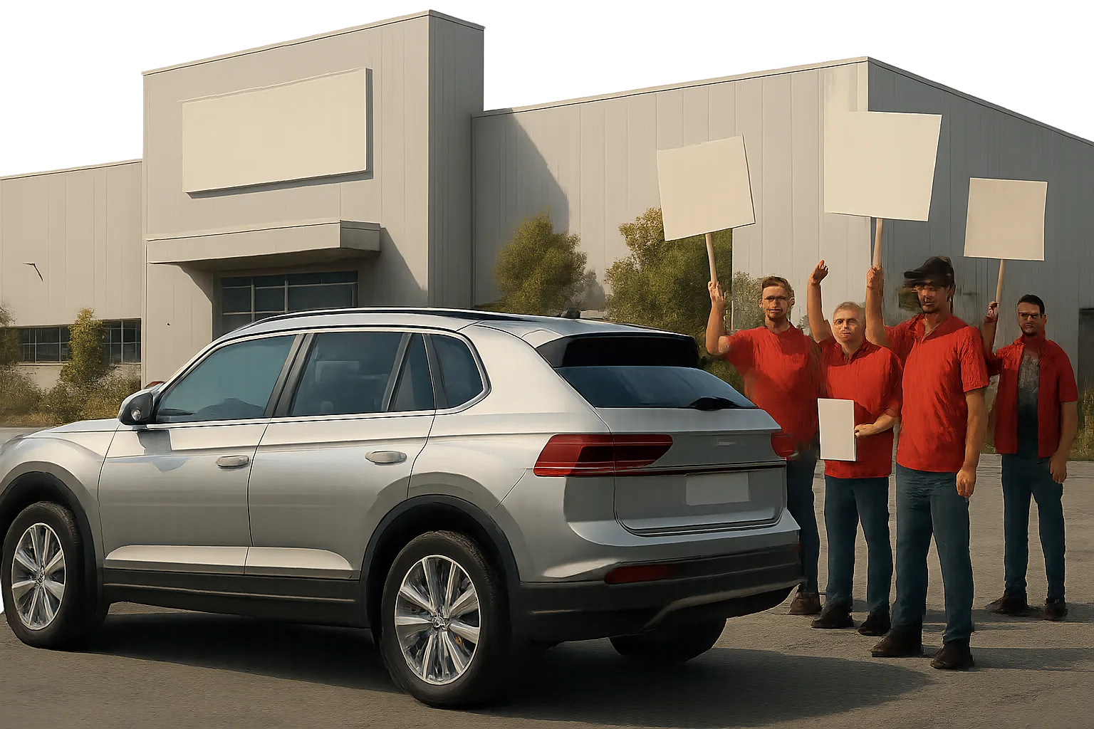 Five people in red shirts hold blank placards beside a silver SUV parked in front of a large industrial building