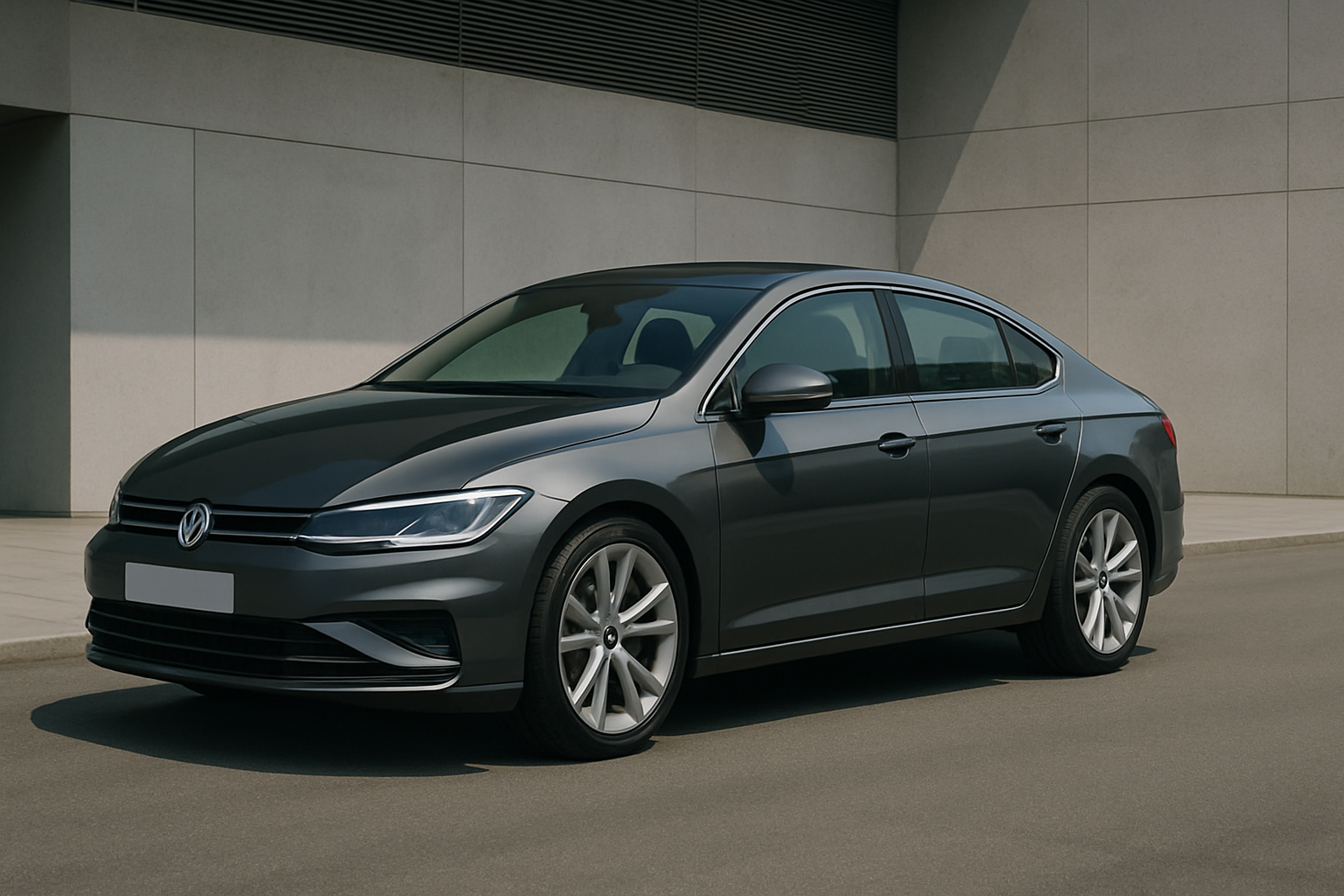 A sleek, dark grey four-door coupe with smooth lines and metallic finish parked beside a modern concrete building