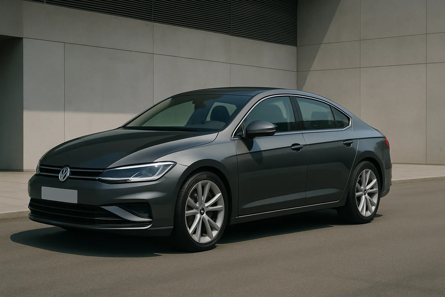 A sleek, dark grey four-door coupe with smooth lines and metallic finish parked beside a modern concrete building