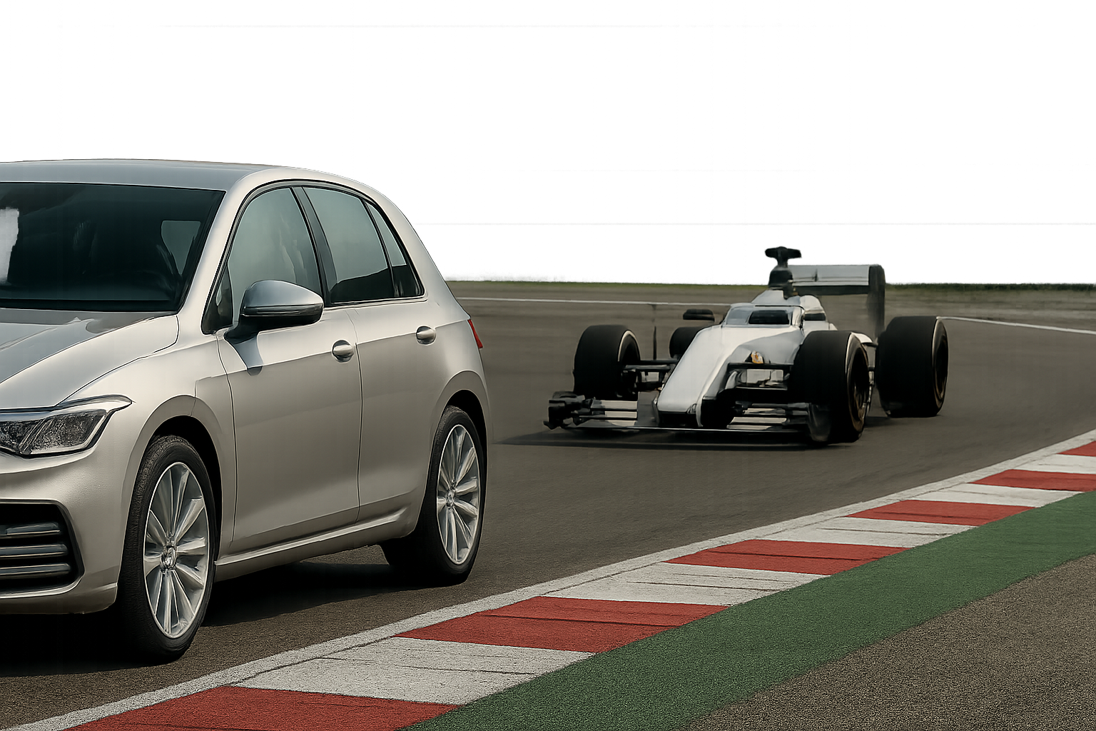 A silver hatchback in the foreground with a white open-wheel race car approaching on a curving racetrack