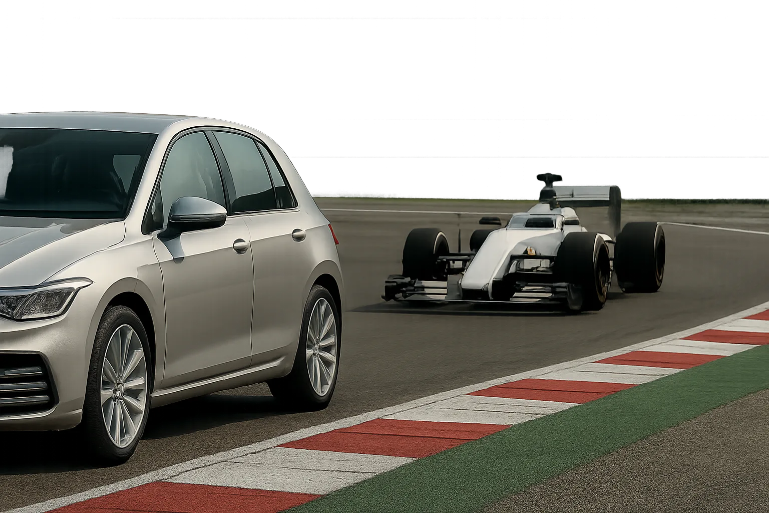A silver hatchback in the foreground with a white open-wheel race car approaching on a curving racetrack