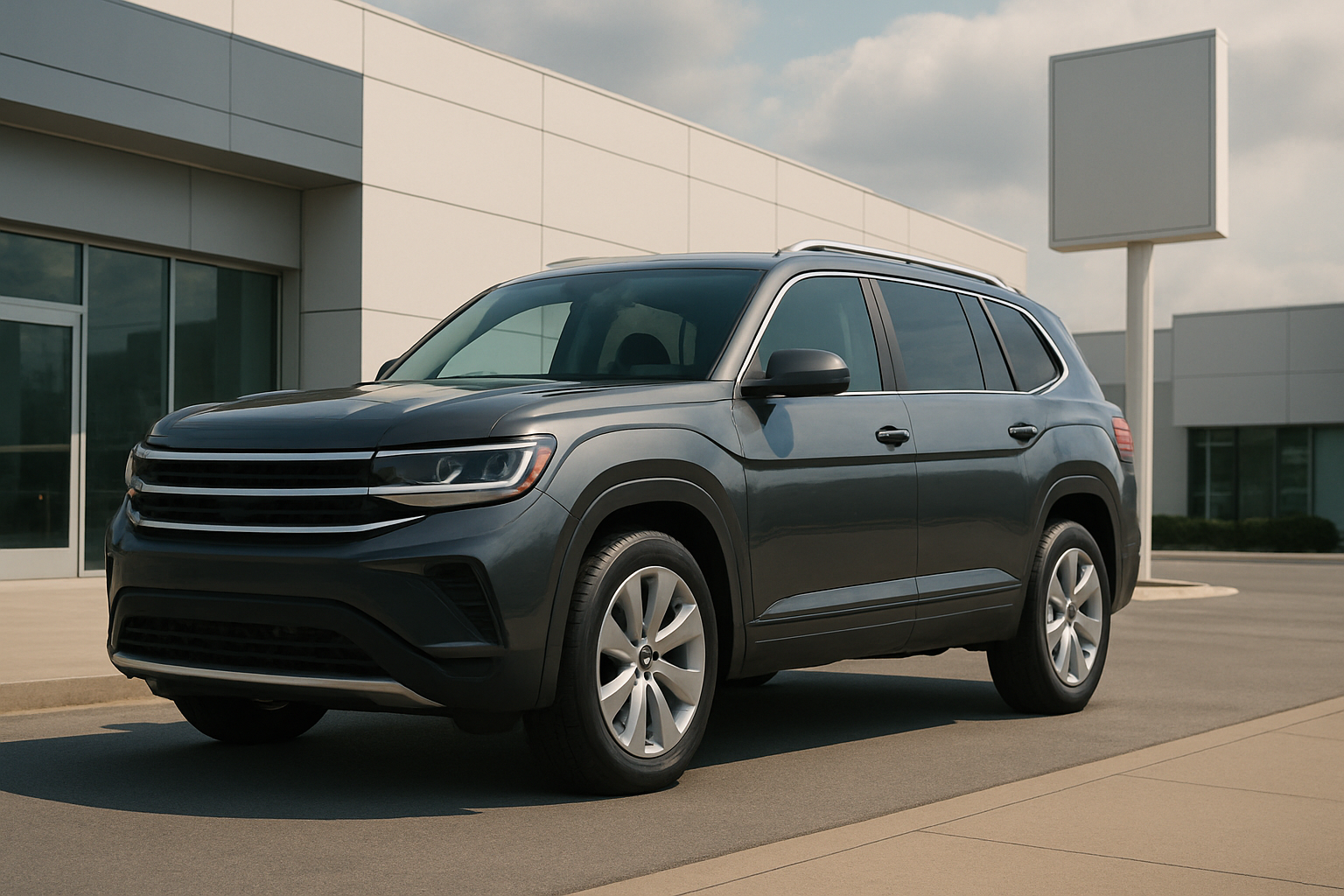 A dark gray SUV with chrome trim parked on a clean pavement outside a modern, white building under a partly cloudy sky