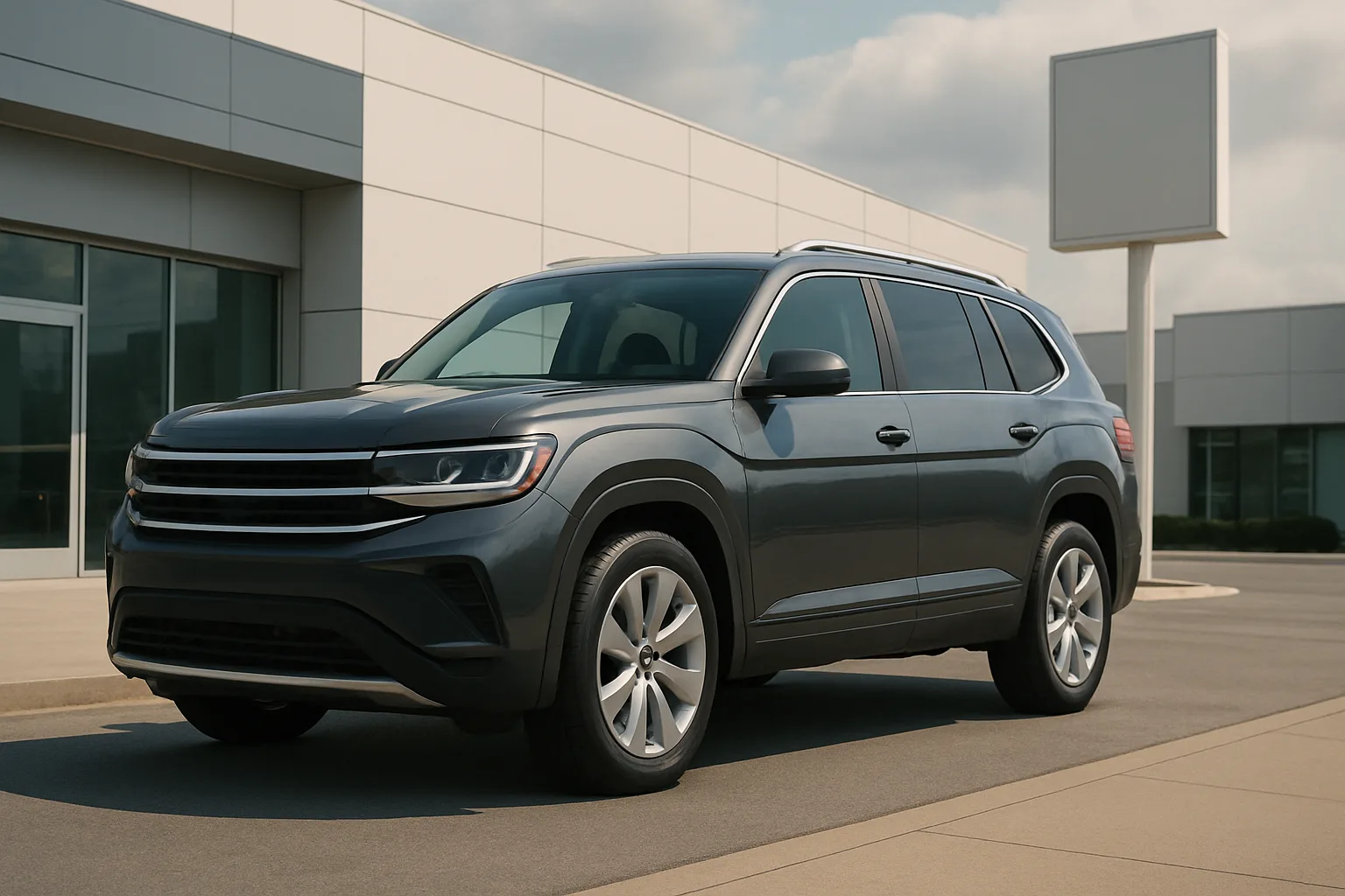 A dark gray SUV with chrome trim parked on a clean pavement outside a modern, white building under a partly cloudy sky