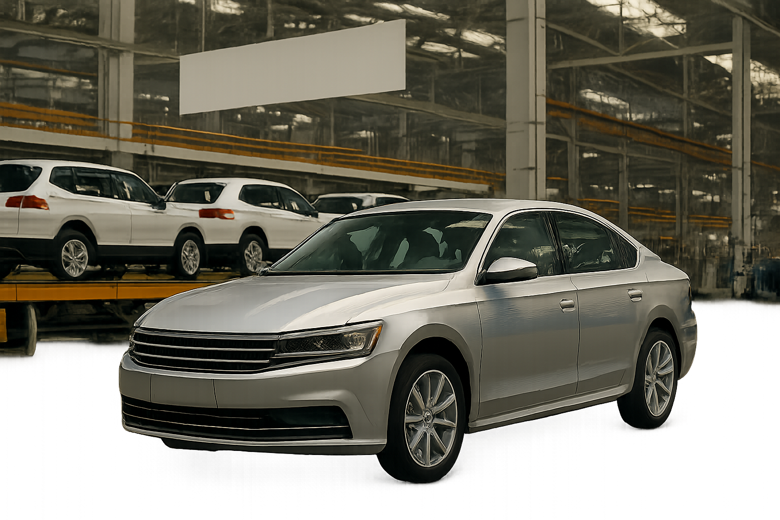 A silver sedan with stylized contours parked indoors near white SUVs on a raised assembly line under soft diffused lighting