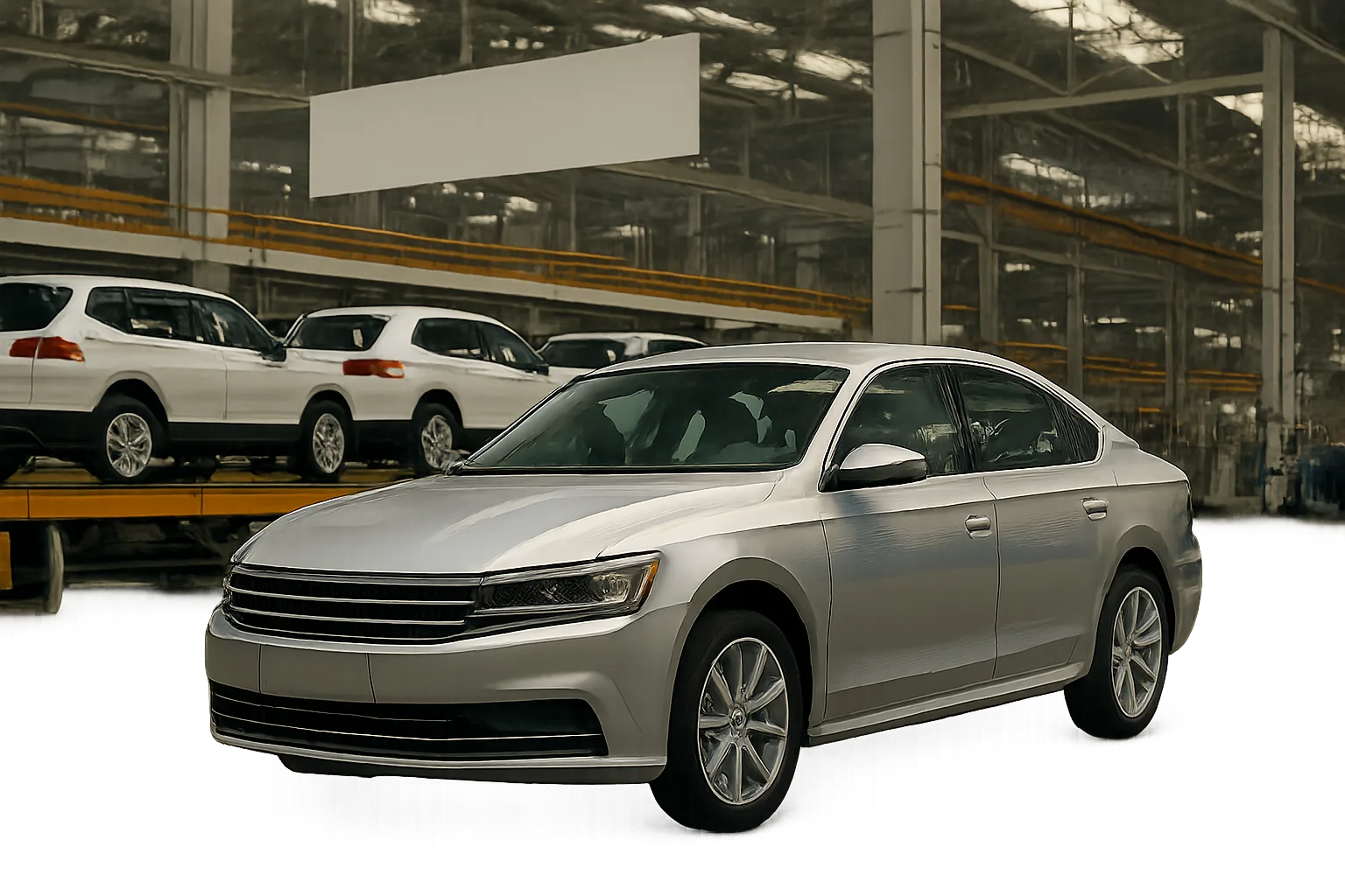 A silver sedan with stylized contours parked indoors near white SUVs on a raised assembly line under soft diffused lighting