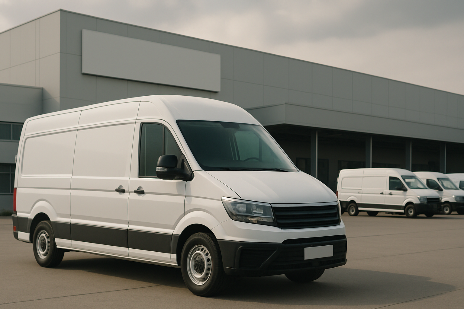A white delivery van parked in front of a large gray industrial building under a cloudy sky