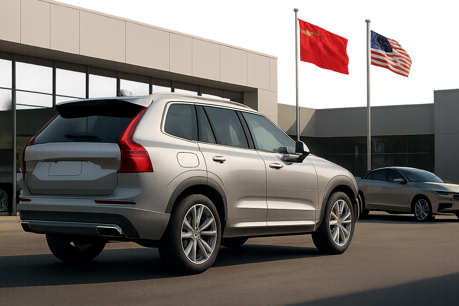 A silver SUV parked in front of a modern glass building with Chinese and US flags on flagpoles in the background