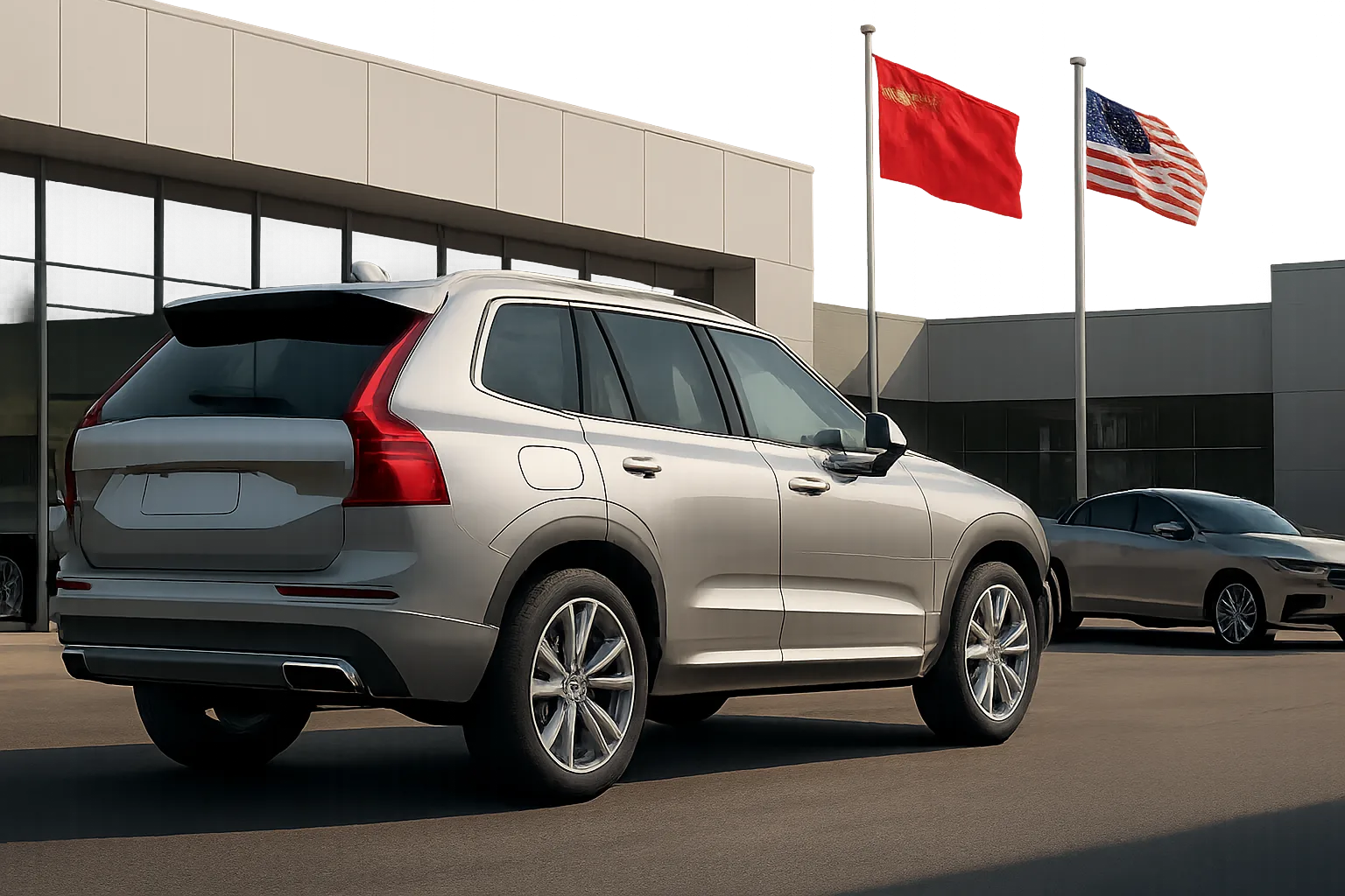 A silver SUV parked in front of a modern glass building with Chinese and US flags on flagpoles in the background