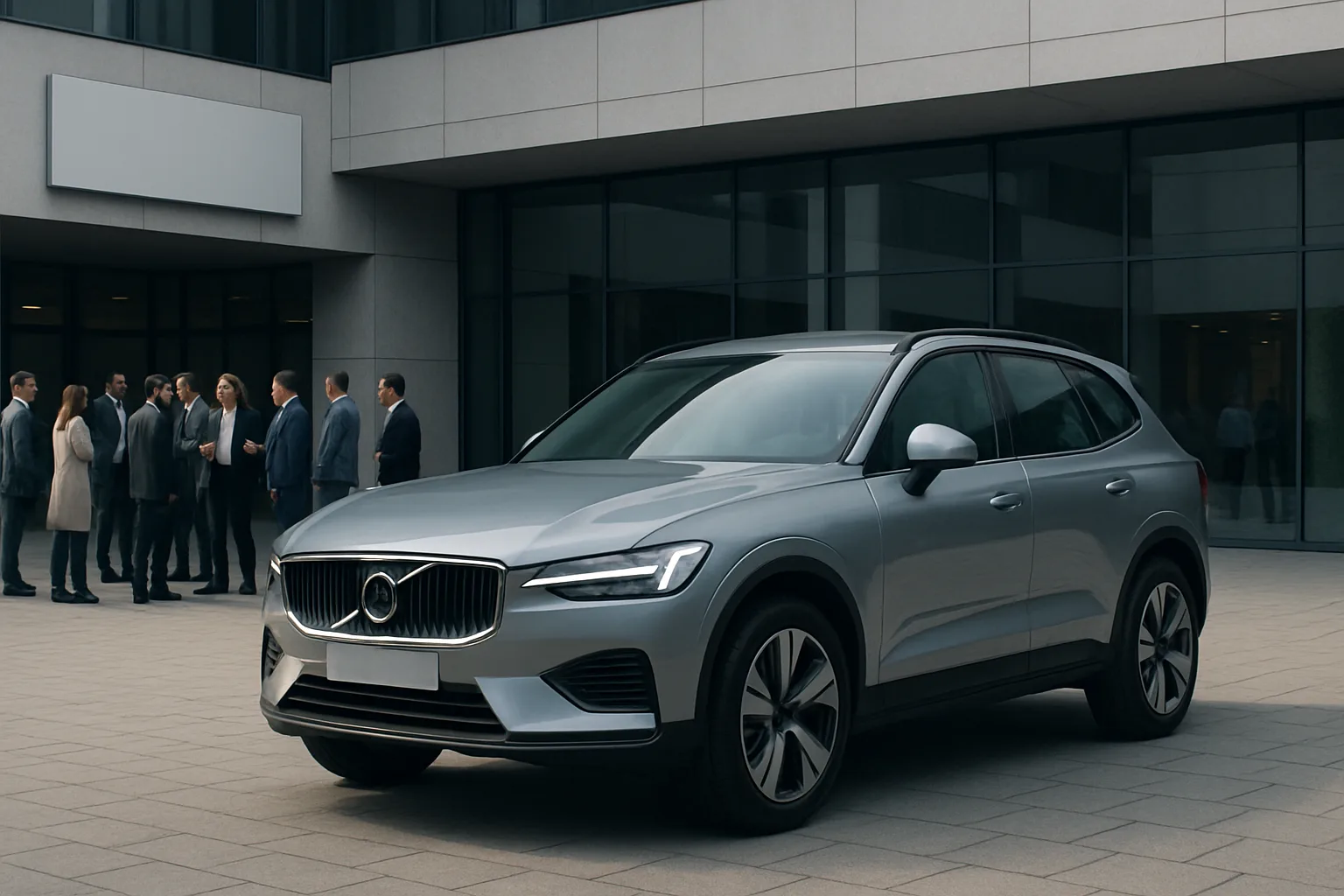 A sleek silver SUV parked on pale paving stones outside a modern glass office as a group of people converse nearby