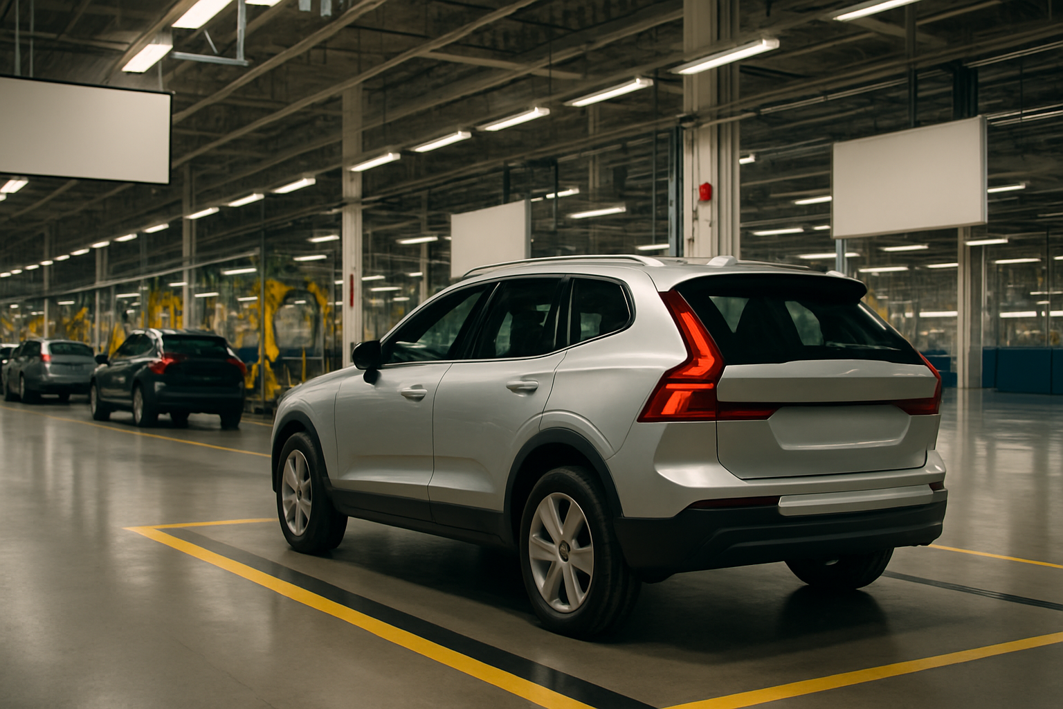A silver SUV with red taillights parked inside a spacious, brightly lit factory with yellow floor markings and empty signage