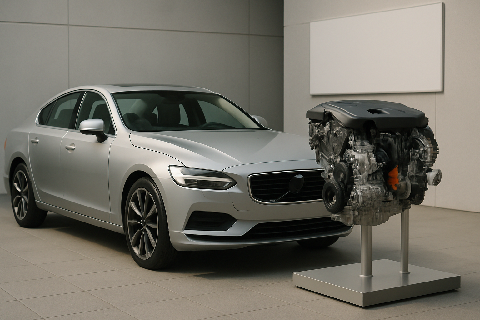 A metallic engine is displayed on a stand in a minimalist room near a silver sedan under soft, diffuse lighting