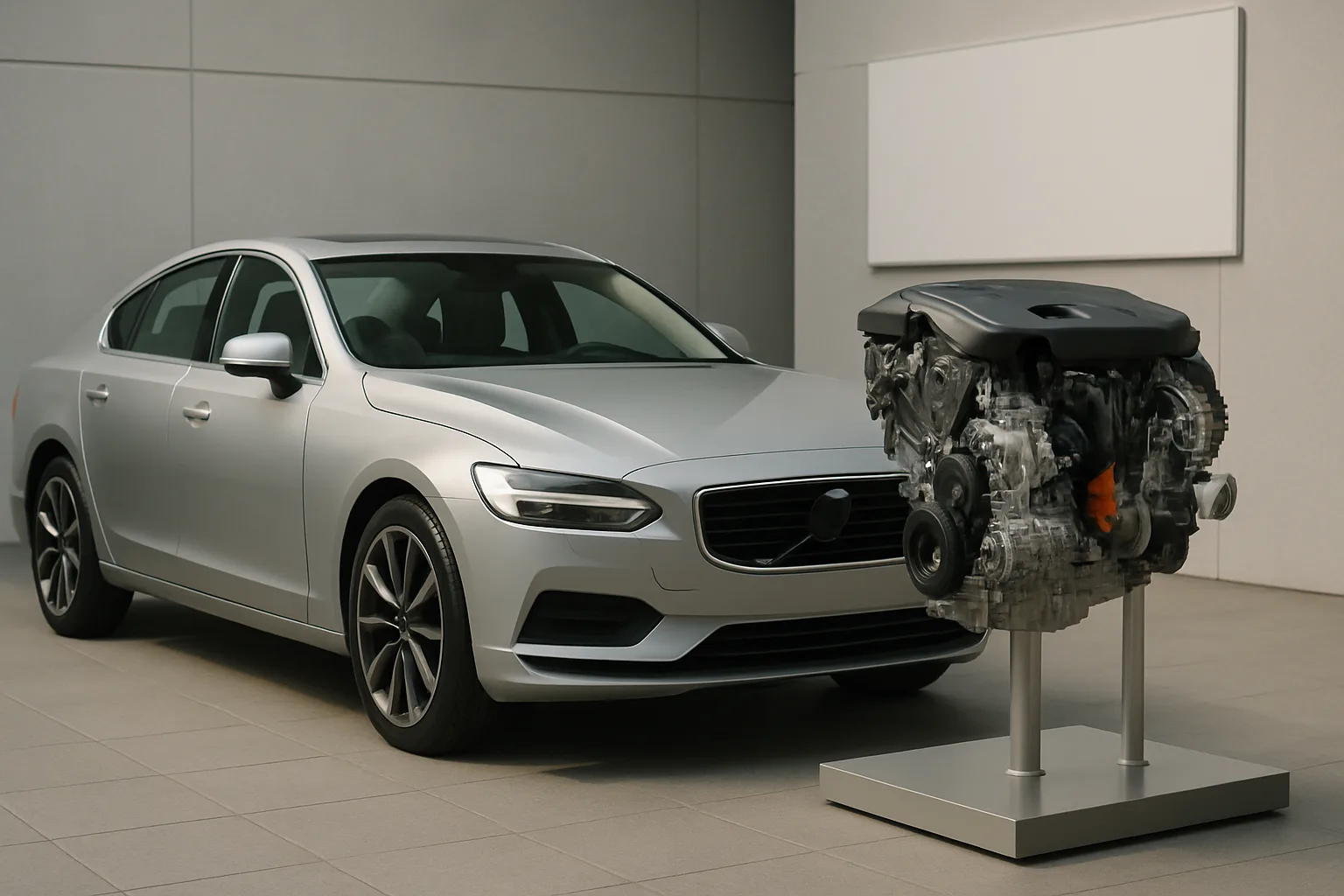 A metallic engine is displayed on a stand in a minimalist room near a silver sedan under soft, diffuse lighting