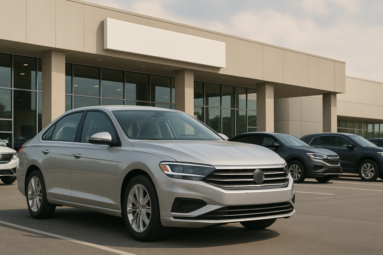 Silver sedan parked in front of a modern car dealership with large glass windows and beige exterior under a cloudy sky